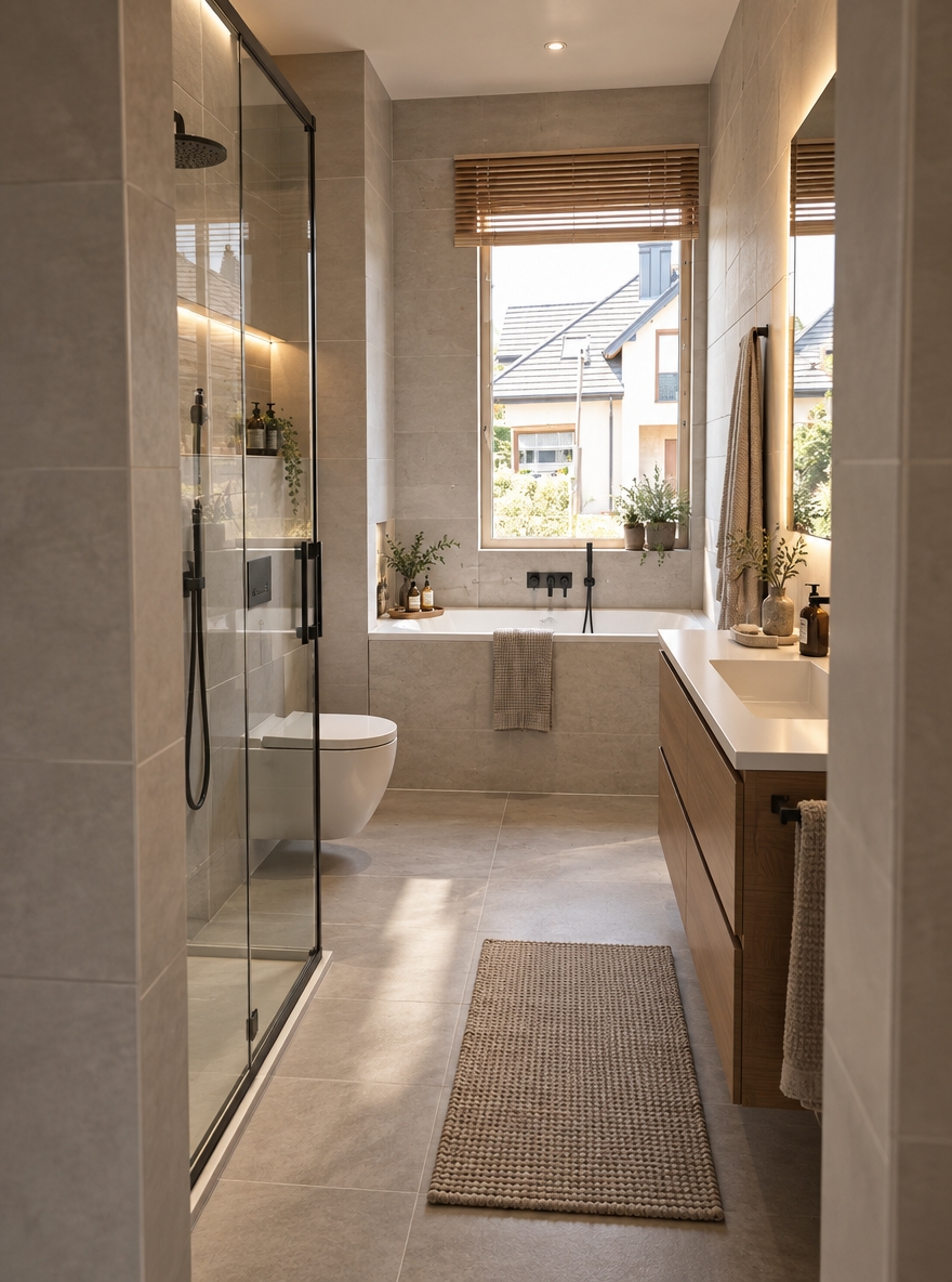 A professionally photographed interior of a modern, finished bathroom mapped precisely onto the existing architecture and camera perspective. A sleek bathtub sits flush beneath the framed window, catching diffused natural daylight from outside. On the left wall near the doorway, a minimalist glass shower enclosure transitions into a wall-hung toilet, while a contemporary vanity with a washbasin and illuminated mirror sits opposite along the right wall. The rough concrete surfaces are replaced with large-format porcelain tiles and subtle matte wall textures with realistic grout lines and caulk seams. Natural soft morning light balances with warm, hidden accent lighting, rendered with subtle photographic imperfections, true-to-life reflections on the glass and water, faint lens vignetting, and tactile material finishes.