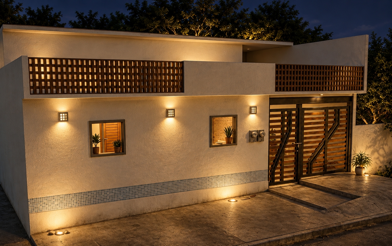 A crisp night photograph of the exact architectural scene, maintaining the identical building structure, materials, and camera angle. Lush, dark green tree canopies emerge behind the roofline against a deep twilight sky. The facade is warmly illuminated by architectural exterior lighting, featuring gentle wall-mounted sconces that graze the textured stucco and subtle ground-recessed spotlights casting pools of warm light across the concrete entryway and driveway. Interior warm light glows softly through the small window openings, while the perforated wood lattice and metal gate catch soft ambient highlights. Captured with realistic night-exposure photography, subtle film grain, natural contrast, and deep realistic shadows on the ground pavement.