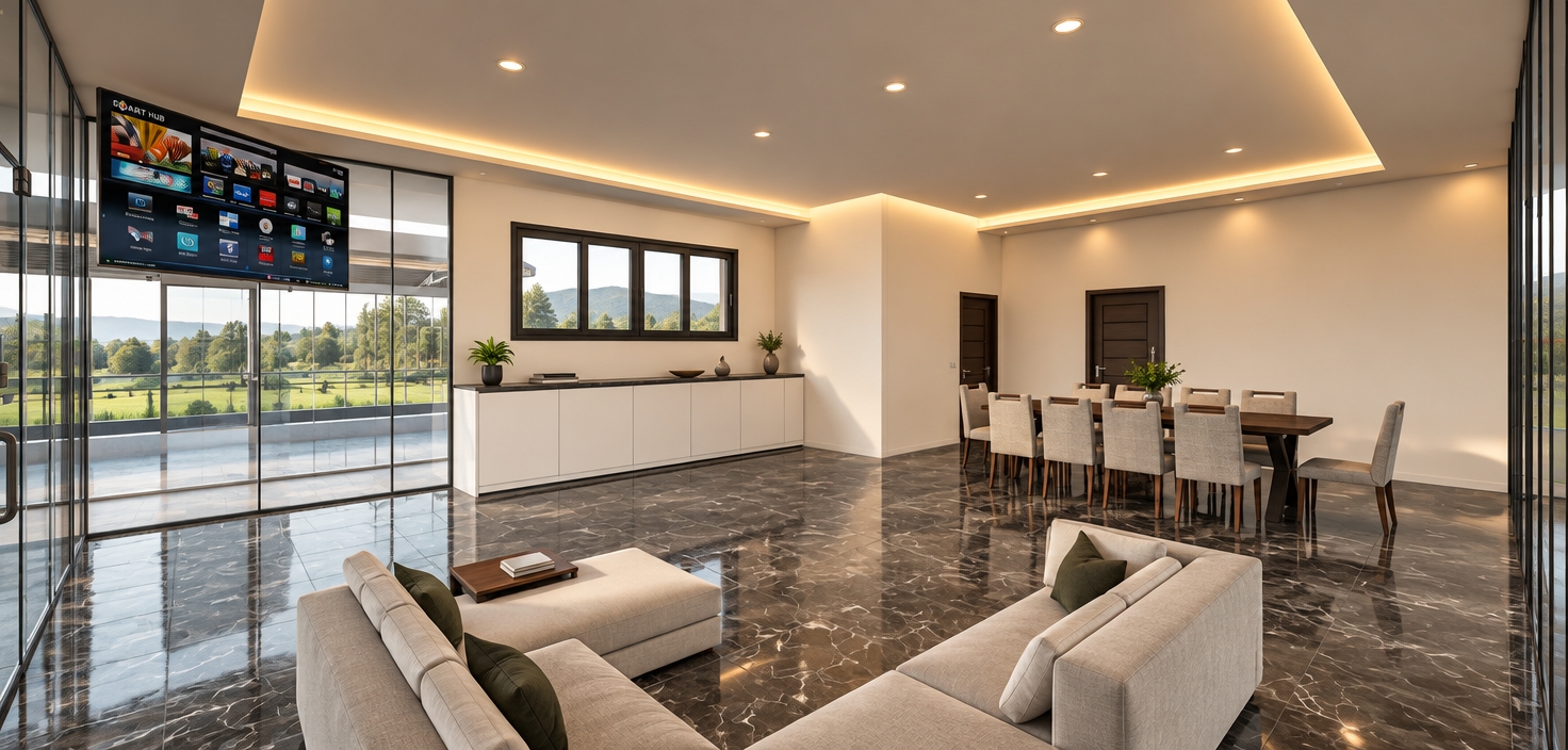 A bright architectural photograph of the modern open-plan interior preserving the exact layout and perspective, illuminated by soft warm cove lighting along the recessed ceiling and natural daylight streaming through the expansive glass windows revealing a lush countryside exterior. The dark marble tile flooring features a glossy, reflective sheen capturing subtle reflections of the room. The sectional sofa and dining chairs display soft, tactile fabric micro-textures, while the dining table, matte cabinetry, and glass walls show natural material physics with realistic light transmission, clean specular highlights, gentle shadow falloff, and photographic depth of field.