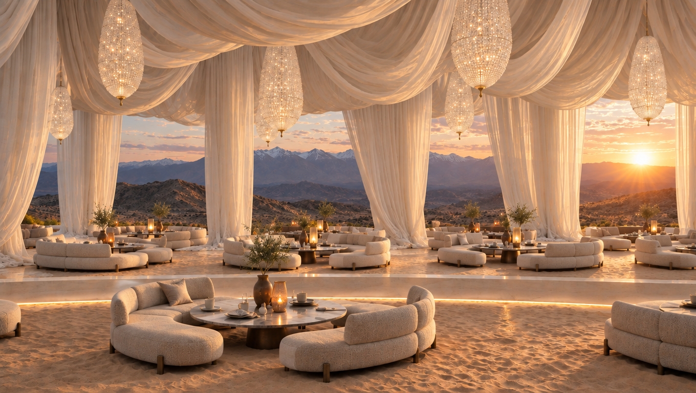 An incredibly lifelike, richly detailed, photorealistic wide-angle interior photograph of a breathtaking desert-resort dining pavilion set in a sun-drenched plateau overlooking dramatic mountain ranges at sunset. The scene is illuminated by the golden rays of the descending sun filtering through billowing ceiling drapes and the soft, ambient glow of monumental teardrop crystal chandeliers, creating a sophisticated, airy, and serene atmosphere. Captured with a professional medium-format camera and a 35mm tilt-shift lens, emphasizing the diaphanous texture of flowing canopies, polished stone surfaces, and slim metal accents. Embodying contemporary elegance, this light-filled, refined space harmonizes an understated palette of warm white, pearl, champagne, and soft gray across expansive tiered terraces of smooth sand and low architectural limestone ledges. Perfectly balanced circular seating arrangements showcase tailored upholstered curved banquettes in tactile champagne bouclé surrounding custom tables of honed quartzite, accessorized with an open luxury photography book, slender brass hurricane lanterns, and minimalist botanical ceramics. Along the clean-lined peripheral partition walls, subtly lit textured abstract wall art echoes the geological striations of the rugged wilderness outside, anchoring the open-concept layout in pure, polished sophistication.