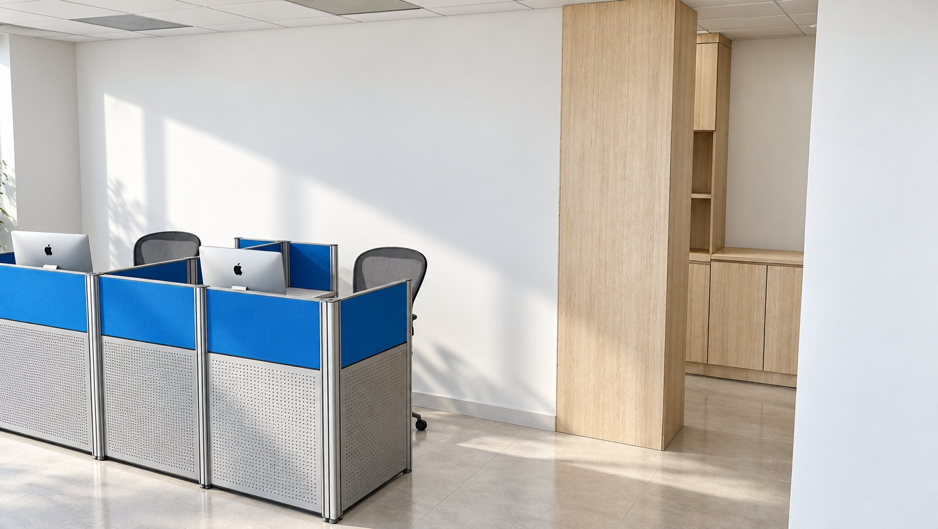 A bright midday photograph capturing the exact scene with clean, direct natural sunlight washing over the white walls and floor, casting soft, defined shadows beneath the office furniture. The cubicles feature slim aluminum frames enclosing vibrant blue fabric acoustic boards on top and perforated brushed metal lower panels, holding grey laminate work surfaces with subtle surface sheen. In the background, the column and tall appliance storage units exhibit realistic light blonde wood grain textures, with the open tall cabinet cavity naturally recessed to show an exposed middle shelf. Shot with crisp focus, balanced 5500K daylight, realistic ambient bounce lighting, and faint natural lens micro-contrast.