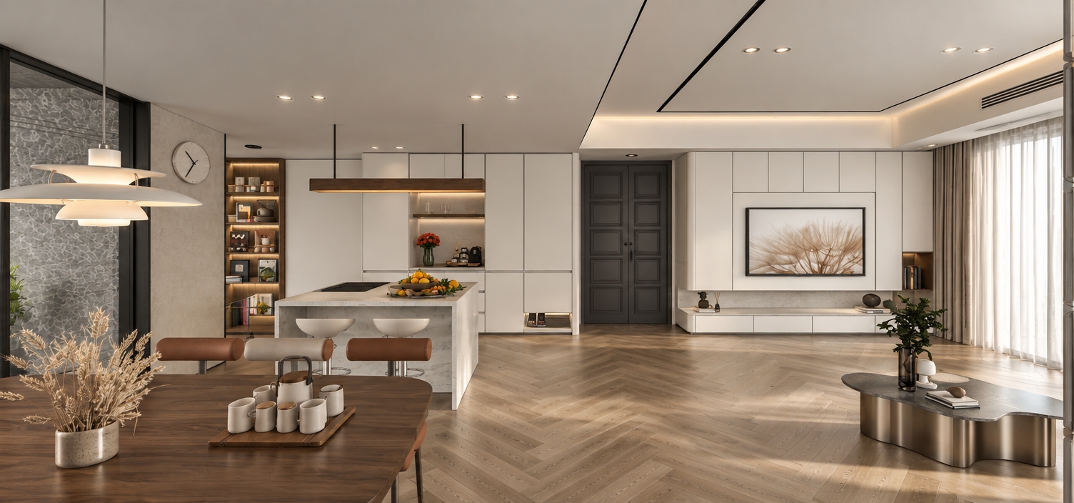 A high-resolution interior photograph capturing this modern open-plan living and dining space from the exact same eye-level perspective, shot with a professional architectural lens with corrected vertical lines. Diffused natural daylight filters softly through the sheer curtains on the right, balanced by clean 4000K neutral-white recessed spotlights and subtle indirect shelf lighting, while the far-left sliding bookcase remains unlit by backlights. The scene features authentic herringbone wood flooring with delicate grain and gentle gloss, pristine matte white cabinetry with realistic seams, crisp contact shadows, and natural ambient occlusion in corners. Tactile realism is rendered across all surfaces, including brushed metal finishes, organic ceramic textures on tableware, subtle fabric weaves, and true-to-life reflections on polished elements, finished with natural dynamic range and faint optical grain to eliminate any 3D aesthetic.
