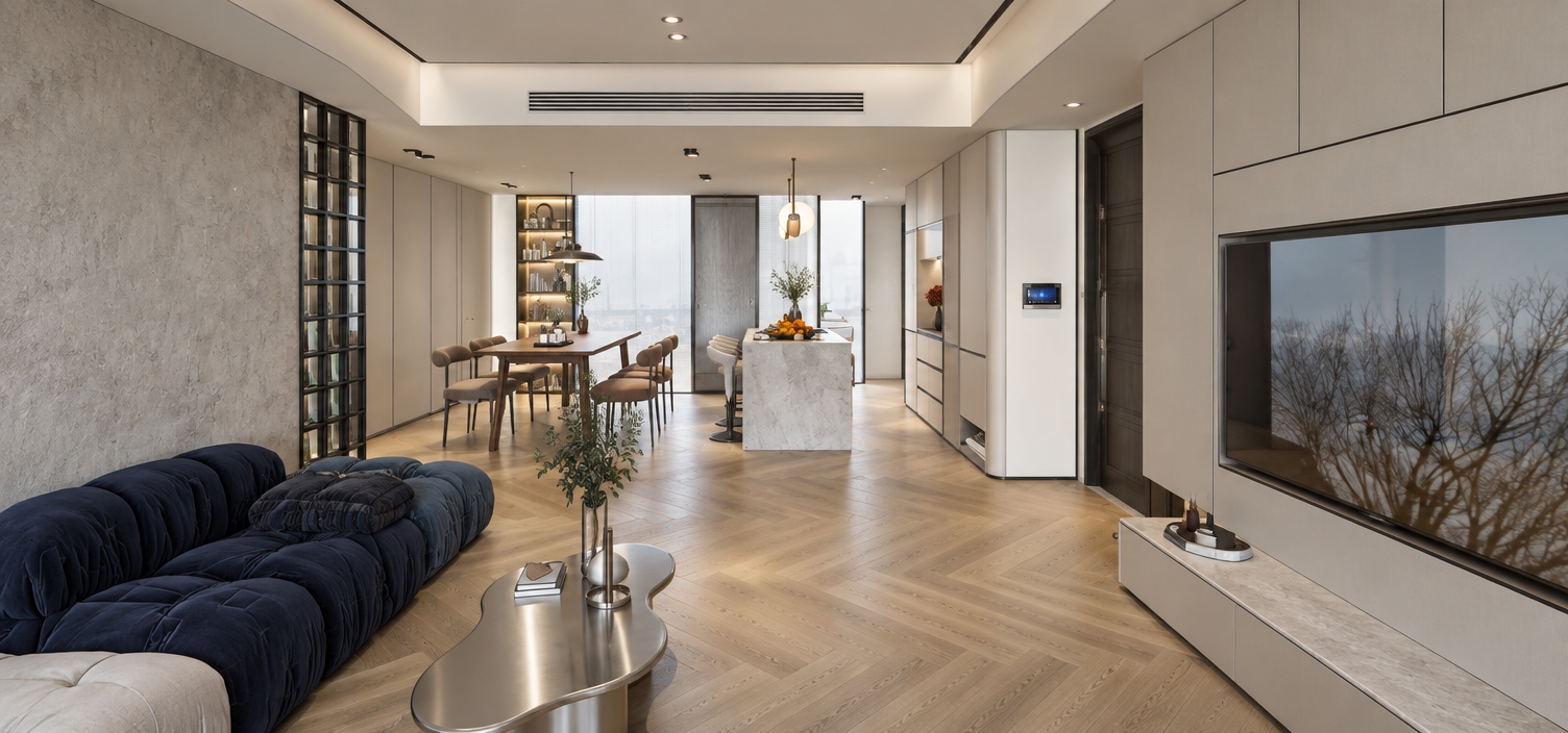 A professional architectural interior photograph capturing the exact layout, geometry, and wide-angle perspective of the modern open-plan living and dining space. Shot on a full-frame camera with perspective-corrected vertical lines, the scene is illuminated by soft, natural daylight balanced with clean, neutral 4000K recessed ceiling lights and gentle indirect illumination within the dining display cabinet, leaving the leftmost gridded sliding bookcase without internal glow. Rich, authentic textures define the surfaces: tactile chevron light wood flooring with organic grain variations, a subtle micro-cement finish on the left accent wall, soft fabric folds and tufting on the dark modular sofa, and brushed metallic reflections on the organic-shaped coffee table. Ambient occlusion, crisp contact shadows beneath furniture, balanced exposure without HDR artifacts, and subtle lens micro-contrast deliver a clean, believable editorial magazine aesthetic free of 3D rendering artificiality.