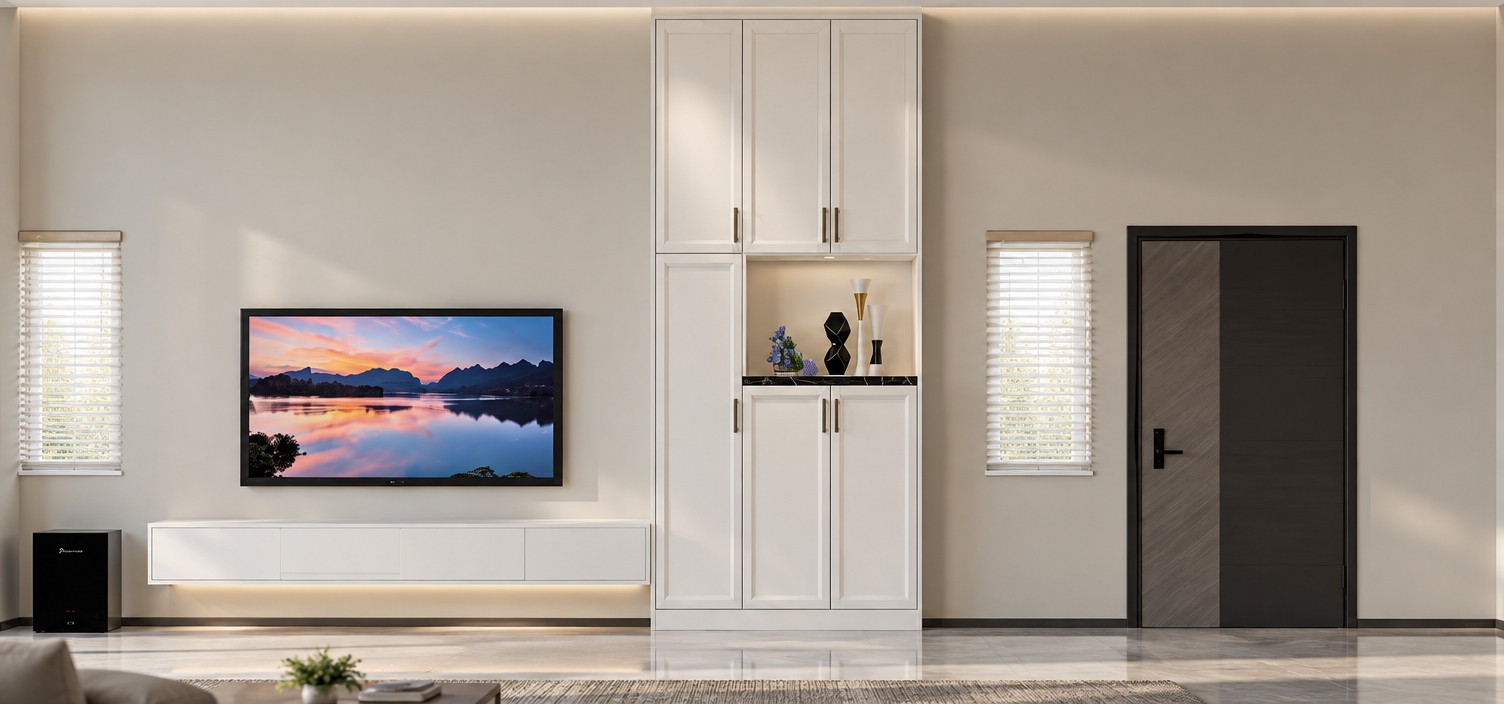 A crisp, straight-on architectural photograph of a modern living room interior capturing the exact layout and proportions of the tall wall, central floor-to-ceiling white cabinetry with glass-front display accents, floating low console, 75-inch wall-mounted television displaying vivid landscape art, pleated window blinds, and sleek dark doorway. Natural, soft daylight filters through the blinds, casting gentle diffuse ambient light across the matte painted walls, accompanied by realistic soft shadows and warm indirect fill. Finishes reveal authentic physical textures: subtle sheen on the cabinet doors, crisp metallic luster on the hardware, delicate glossy reflections on the television screen and glass panes, and fine wood-grain texture on the door panel. Captured with a professional tilt-shift lens on a full-frame camera, maintaining clean vertical lines, balanced neutral color balance, subtle lens falloff, and natural surface micro-textures.