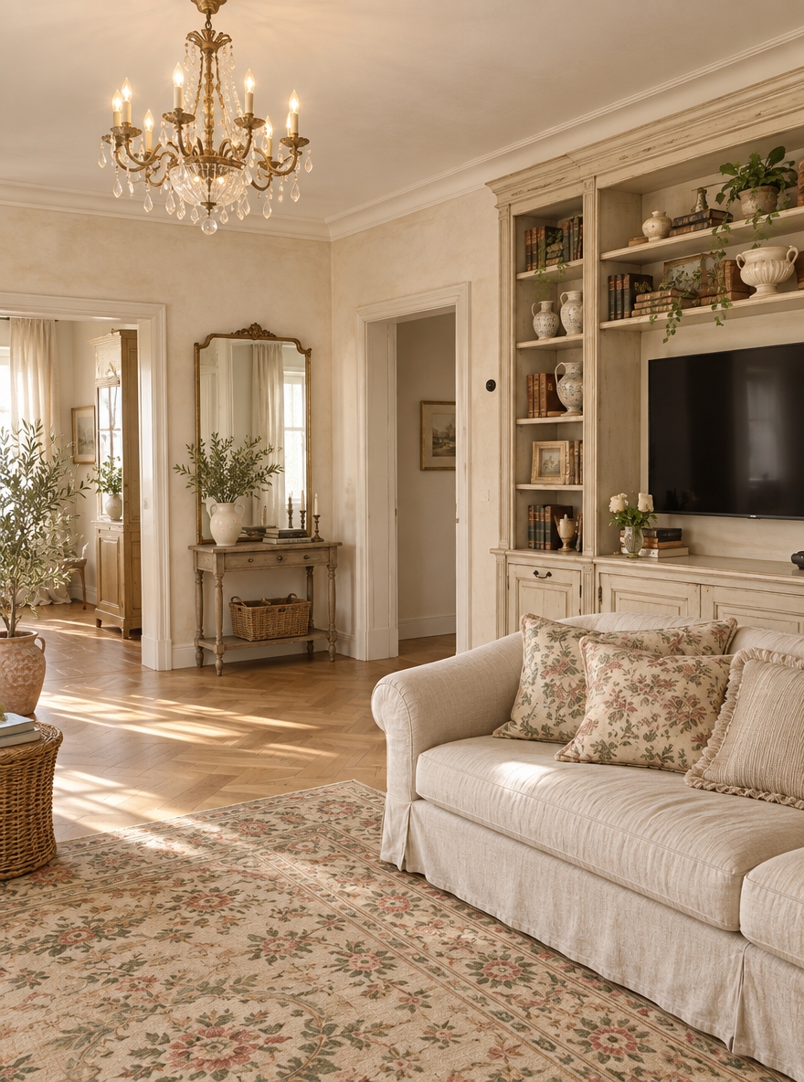 An incredibly lifelike, richly detailed, photorealistic wide-angle interior shot of an airy living room reimagined with refined French country charm, set in a sunlit country residence. The scene is illuminated by generous natural daylight pouring through tall windows draped in flowing ivory linen and the warm, soft glow from a gracefully sculpted antiqued brass and cut-crystal chandelier, creating a bright, welcoming, and romantic atmosphere. Captured with a 35mm wide-angle lens at f/4, emphasizing the distressed patina of woodwork, woven fabrics, and smooth plaster finishes, the space completely replaces the dated retro aesthetic with timeless rustic elegance. Along the primary feature wall, a custom-built, distressed cream-toned provincial entertainment unit houses a sleek modern television framed by open bookshelves filled with vintage hardcovers, ironstone pottery, and botanical accents. Anchoring the seating area is an oversized, low-pile Aubusson-inspired area rug in soft hues of sage, cream, and muted rose, layered over bleached oak herringbone flooring and hosting a plush, slipcovered linen sofa piled with textured toile throw pillows. In the corner, an artfully arranged decorative vignette showcases a potted French olive tree in a weathered terracotta planter alongside an antique round wicker side table, perfectly balancing symmetry, functionality, and cozy pastoral sophistication in one harmonious composition.