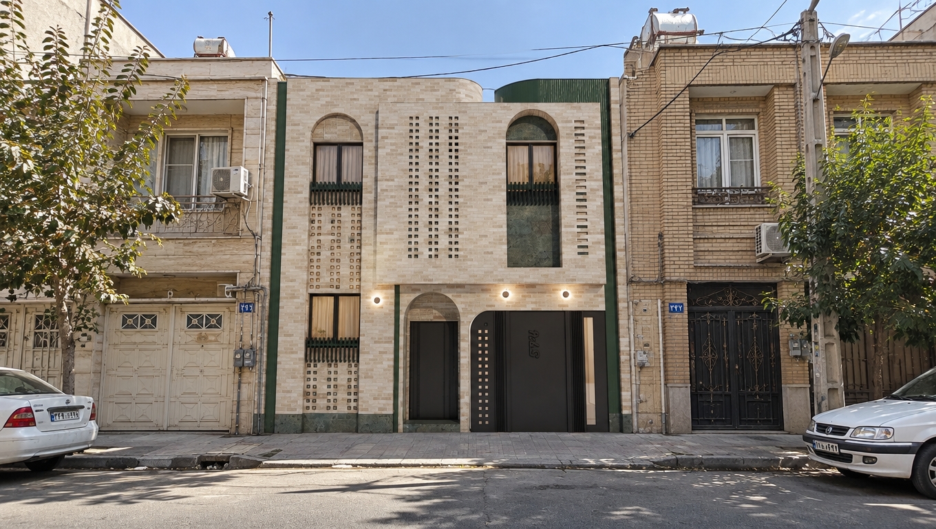 @Create image ━━━━━━━━━━━━━━━━━━━━━━━━━━━━━━━━━━
AUTHENTIC IRANIAN RESIDENTIAL CONTEXT
━━━━━━━━━━━━━━━━━━━━━━━━━━━━━━━━━━

The building is located IN IRAN.

The final image must unmistakably look like a REAL PHOTOGRAPH taken in a genuine Iranian residential neighborhood.

This is NOT a generic Middle Eastern environment.

It must specifically resemble an authentic Iranian urban residential street.

MOST IMPORTANTLY:

The building must be surrounded on BOTH SIDES by REALISTIC IRANIAN RESIDENTIAL HOUSES.

Place clearly recognizable Iranian residential buildings immediately to the LEFT and RIGHT of the main building.

The neighboring houses must feel like real buildings constructed in Iran, with authentic Iranian residential architectural characteristics.

Neighboring buildings may naturally feature:

• Iranian brick façades
• traditional handmade brickwork
• travertine façades
• natural stone
• painted cement
• exposed concrete
• cream and beige stone
• Iranian-style balconies
• aluminum or UPVC windows
• metal entrance doors
• Iranian residential gates
• roller shutters
• external AC units
• gas pipes
• utility meters
• Persian house numbers
• Iranian intercom systems
• small balconies
• rooftop equipment
• water tanks where appropriate
• satellite dishes
• realistic curtains and interior elements

The neighboring houses must NOT look luxurious, futuristic, European, American, Arab-Gulf, or generic Middle Eastern.

They should represent believable Iranian urban residential architecture.

The surrounding buildings should have realistic differences in:

• façade materials
• building height
• window styles
• balcony designs
• paint colors
• brick tones
• stone tones
• construction details
• age
• maintenance condition

Create a believable urban relationship between the main building and its neighboring Iranian houses.

The main building must appear to have been genuinely constructed on this exact Iranian street.

It should NOT look like a building placed into an artificial background.

The neighboring buildings must physically interact with the same environment:

• same sunlight
• same atmospheric conditions
• same shadows
• same street dust
• same weather exposure
• same perspective
• same environmental reflections
• same realistic scale

The street, neighboring houses, sidewalks, utility infrastructure, cars, vegetation and façade must all belong to ONE REAL PHYSICAL LOCATION IN IRAN.

━━━━━━━━━━━━━━━━━━━━━━━━━━━━━━━━━━
REAL-WORLD IRANIAN STREET AUTHENTICITY
━━━━━━━━━━━━━━━━━━━━━━━━━━━━━━━━━━

Create subtle details that make the location unmistakably Iranian:

• authentic Iranian residential alley
• worn asphalt
• patched pavement
• concrete sidewalks
• Persian utility markings
• Iranian gas infrastructure
• Iranian electricity meters
• Iranian water meters
• telecom boxes
• overhead electrical wires
• realistic Iranian utility poles
• Persian house-number plates
• Iranian security intercoms
• naturally parked Iranian vehicles
• realistic street dust
• subtle oil stains
• drainage marks
• small signs of everyday residential life

All objects must have realistic physical scale and placement.

Nothing should look staged.

Nothing should look like a 3D asset.

Nothing should look procedurally generated.

━━━━━━━━━━━━━━━━━━━━━━━━━━━━━━━━━━
ABSOLUTE REALISM
━━━━━━━━━━━━━━━━━━━━━━━━━━━━━━━━━━

EVERYTHING IN THE IMAGE MUST LOOK REAL.

The main building, neighboring Iranian houses, brickwork, GEREH-CHINI, green glazed bricks, greenish natural stone, windows, metalwork, sidewalks, asphalt, vehicles, vegetation, utility infrastructure, shadows, reflections and atmosphere must all appear physically real.

The viewer should immediately believe:

"This is a real residential building photographed on a real street in Iran."

The image must NOT look like:

• an architectural render
• a 3D visualization
• a digitally composited building
• a generic stock image
• a fantasy Iranian environment
• an artificial AI-generated streetscape

The main building must naturally belong to the surrounding Iranian neighborhood, as if it has physically existed there for approximately 5–8 years.

No visual separation between the main building and its surroundings.

No compositing appearance.

No artificial background.

No mismatched lighting.

No mismatched perspective.

No unrealistic scale.

The entire scene must read as ONE SINGLE REAL PHOTOGRAPH captured on location in Iran by a professional architectural photographer.