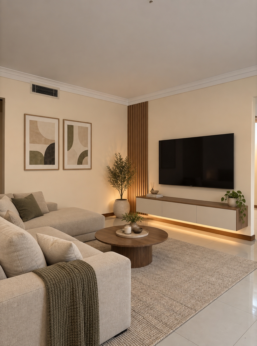 modern minimal living room with tv