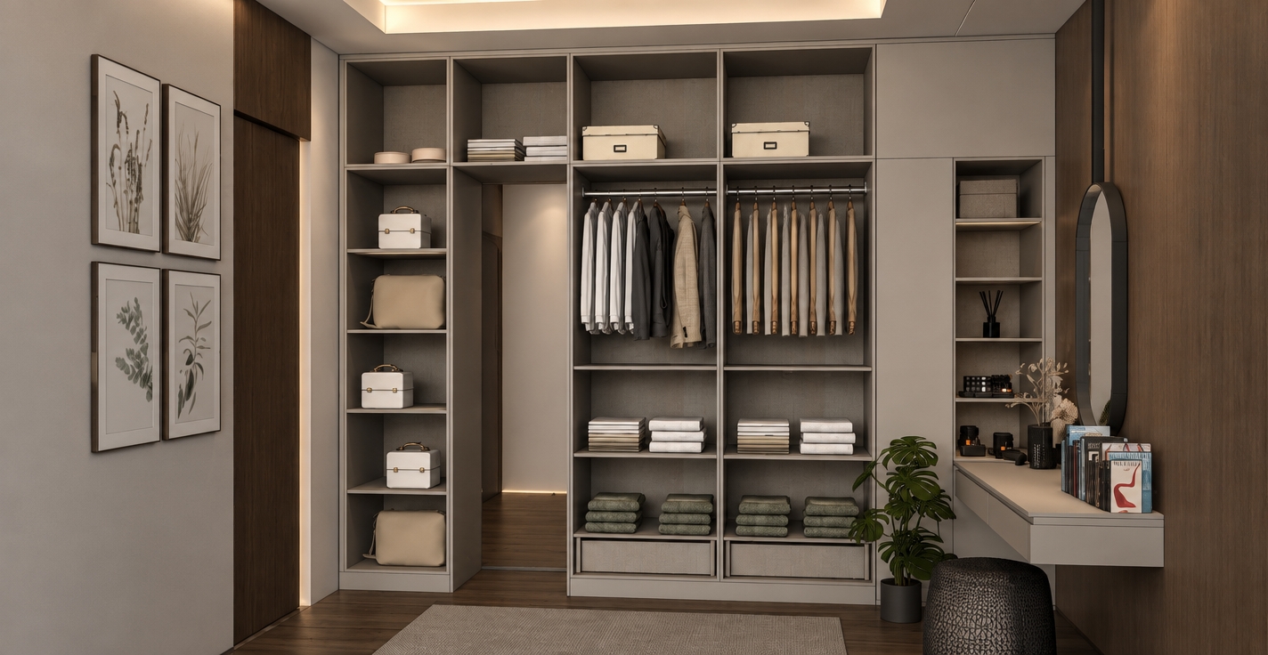 A photorealistic interior photograph of the modern open walk-in closet and vanity nook, perfectly preserving the exact geometry, composition, and materials from the scene. Captured with an eye-level architectural lens, soft diffuse light emanates entirely from the recessed ceiling cove and room ambiance, leaving the interior of the light-grey laminate wardrobe compartments completely unlit by internal fixtures, casting natural, gentle interior shadows. Dark wood flooring and matching walnut paneling display authentic natural grain and satin sheen. Hanging garments, folded linens, leather bags, and paper storage boxes exhibit true-to-life textile weaves and tactile micro-textures, while the floating vanity shelf shows realistic subtle reflections on the circular mirror, books, and glass perfume bottles, finished with subtle ambient occlusion, realistic depth of field, and crisp photographic clarity.