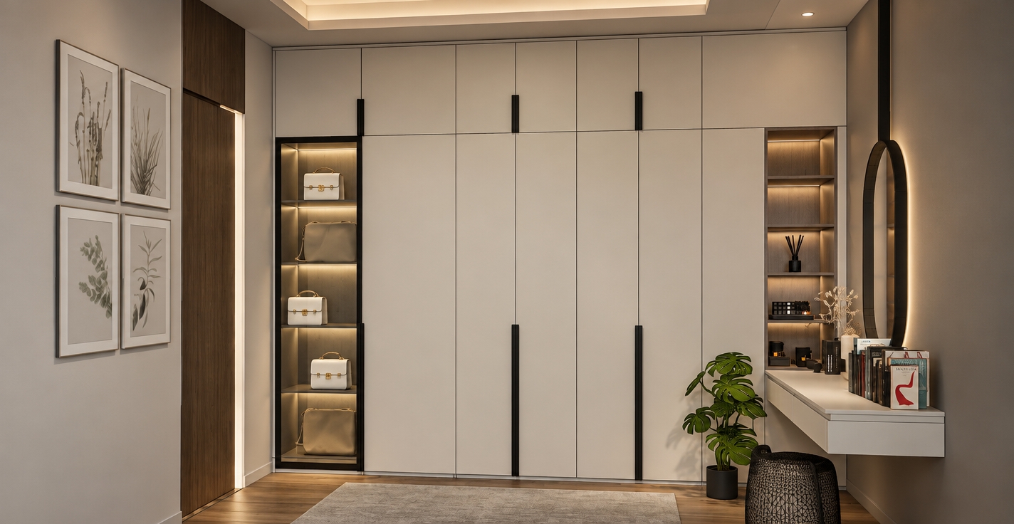 A realistic interior photograph capturing the modern built-in wardrobe and vanity area with precise architectural lighting. Soft, warm recessed ceiling cove light and gentle internal LED strip illumination showcase the glass-front cabinet holding leather handbags. The cabinetry features ultra-matte off-white laminate with faint natural sheen variations, accented by sleek matte black handles, while the adjacent door showcases authentic dark walnut wood grain with subtle depth. To the right, the floating vanity desk displays realistic books, bottles, and a circular mirror with crisp, true-to-life reflections, complemented by a glossy-leafed monstera plant. Shot straight-on with a 35mm architectural lens, featuring balanced dynamic range, soft ambient occlusion, clean material textures, and natural, fine photographic grain.