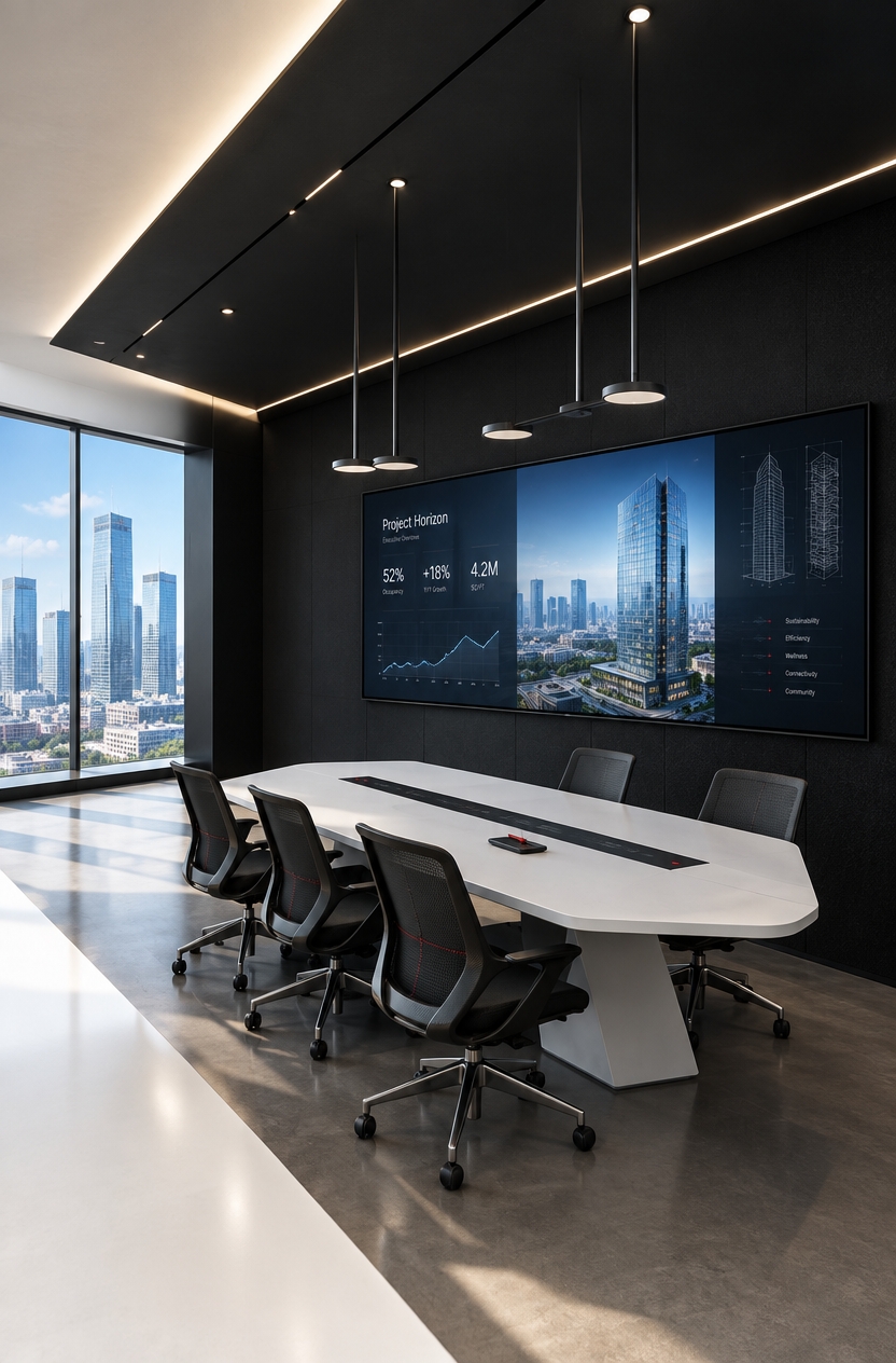 An incredibly lifelike, richly detailed, photorealistic wide-angle interior photograph of an ultra-modern, high-tech executive meeting suite set in a contemporary corporate penthouse. The scene is illuminated by brilliant summer midday sunlight streaming through floor-to-ceiling panoramic glass, contrasted with precision-engineered 4000K architectural LED ambient strips, creating an immaculate, high-performance, and futuristic atmosphere. Captured with a medium-format Hasselblad H6D-100c and a 24mm tilt-shift lens, emphasizing the razor-sharp geometric lines, velvety ultra-matte finishes, and fine textures of anodized metal and high-tech composite surfaces.
### Architectural Layout & Ceiling Design
The space reimagines executive minimalism through advanced architectural technology. The ceiling is transformed into a sculptural suspended acoustic canopy finished in matte obsidian, embedded with flush, razor-thin recessed magnetic light tracks and perimeter indirect white illumination that gives the canopy a floating appearance. Slender, downward-firing micro-aperture spotlights are programmed to cast defined, glare-free pools of cool light directly over the workstation surfaces. Across the room, structural transitions are defined by seamless, monolithic white Corian steps and architectural wall partitions, balancing the deep, light-absorbing charcoal-black walls treated with sound-absorbing micro-perforated acoustic panels.
### Technological Furniture & Ergonomics
At the center of the room sits an aerodynamic, cantilevered conference table engineered from solid arctic-white sintered stone with beveled, chamfered edges. Embedded flush along the table’s central seam is a stealthy, matte-black anodized aluminum tech spine, integrating invisible wireless charging nodes, subtle flush-mounted capacitive touch interfaces, and recessed cable routing.
Surrounding the table are bespoke ergonomic task chairs featuring sculptural carbon-fiber frames, breathable matte-black technical mesh, and precision-milled aluminum hardware. The seating arrangement is meticulously proportioned to emphasize spaciousness, functional flow, and pristine human-scale ergonomics.
### High-Contrast Palette with Tiny Cherry Red Accents
The dominant color scheme remains uncompromisingly binary—stark, pure whites intersecting deep obsidian blacks. In deliberate, calculated moderation, tiny spots of vivid cherry red punctuate the monochrome field:
- Ultra-fine, precision double-stitching in vibrant cherry red runs subtly along the lumbar edges of the executive mesh chairs.
- A slender, single-pixel red LED status indicator glows softly from the edge of the flush table interface.
- On the matte white tabletop, a solitary, ultra-minimalist lacquered cherry-red magnetic stylus sits cradled in a precision-milled dark aluminum dock.
### Spatial Composition, Display, & Outdoor Connection
Mounted seamlessly flush against the primary matte-black feature wall is a massive, ultra-narrow bezel 110-inch MicroLED presentation display showing crisp architectural data visualizations. Through the expansive, non-reflective panoramic glazing, the midsummer midday sun reveals an impressive vista of distant glass skyscrapers and clear blue summer skies, balancing the moody, controlled high-tech interior with radiant, natural urban energy.