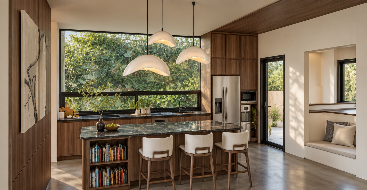 Eye-level architectural photograph of the contemporary kitchen, faithfully preserving the exact layout, geometry, and walnut-toned wood cabinetry from the reference. Soft daylight filters through the wide horizontal window against the lush green foliage wall, while the three sculptural white pendant lamps cast a warm, radiant interior glow with subtle light flare. Surfaces display realistic textures, including the polished dark marble island countertop, brushed stainless steel appliances, and fine, authentic wood grain. The overall exposure is bright yet warm, rendered with balanced natural illumination, soft ambient shadows, and crisp photographic clarity.