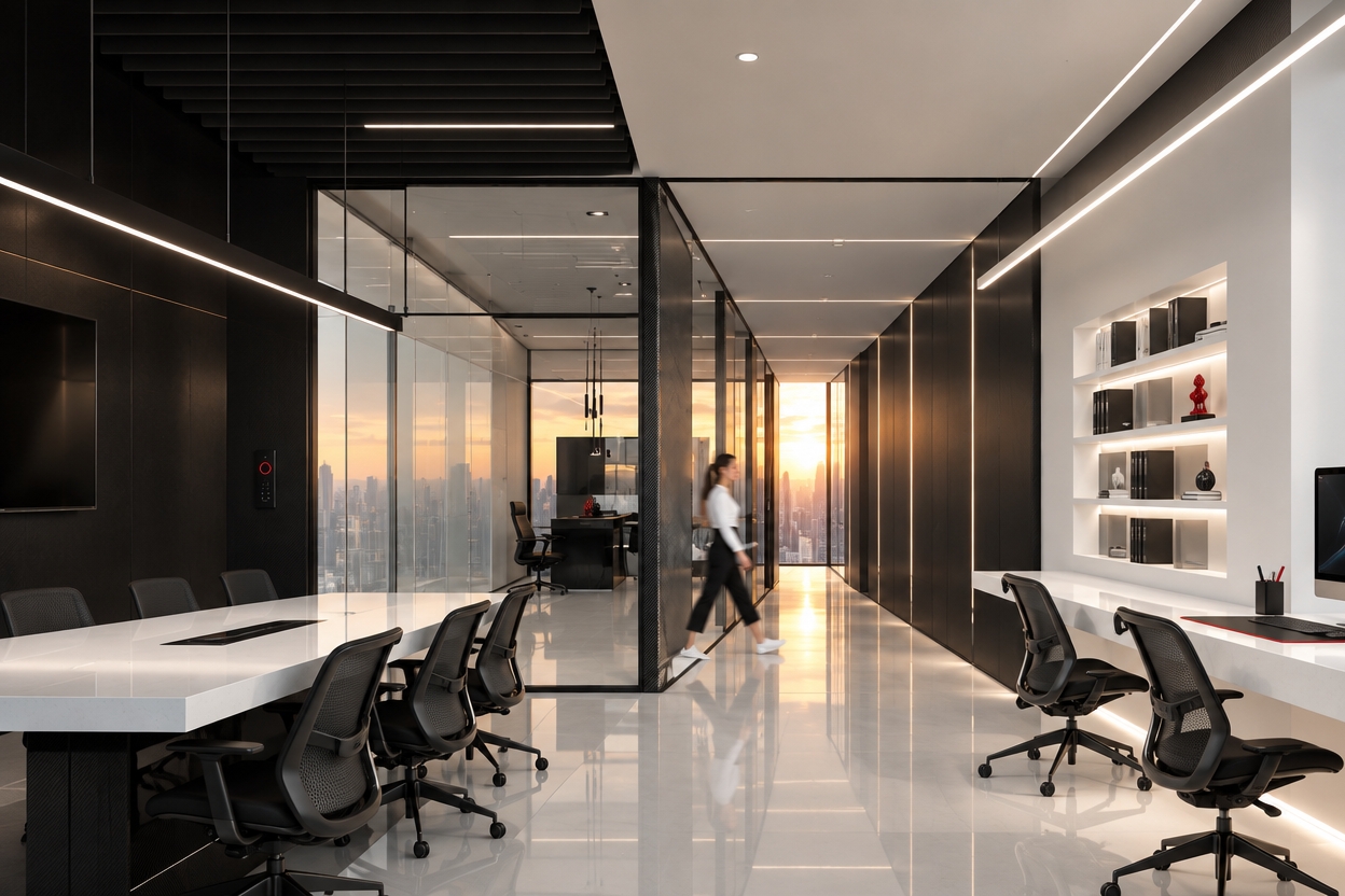 An incredibly lifelike, richly detailed, photorealistic wide-angle interior shot of a high-tech executive office suite set in a sleek skyscraper overlooking a sprawling urban landscape. The scene is illuminated by the long, radiant golden-amber rays of a summer sunset pouring through floor-to-ceiling glass curtain walls, balanced by razor-sharp, recessed cool-white micro-LED light strips embedded along the ceilings and baseboards, creating a dramatic, contemporary elegance bathed in warm twilight atmosphere. Captured with a Hasselblad H6D-100c and a 24mm tilt-shift lens, emphasizing the ultra-matte carbon-fiber textures, velvety acoustic wall paneling, and flawless reflections across seamless high-gloss white composite flooring. The architectural layout embraces strict monochrome minimalism through aerodynamic geometries, featuring a reimagined ceiling of floating, matte black sound-dampening baffles paired with flush architectural light tracks that draw the eye toward the horizon. Furnishings are effortlessly technological: a monolithic, cantilevered pure-white quartz conference table is paired with ergonomic, sculptural black mesh task chairs, while floating workstations integrate concealed inductive charging hubs and flush-mount smart glass screens. Providing a deliberate visual spark against the immaculate black and white envelope, tiny spots of intense cherry red punctuate the space—visible in a luminous power-indicator ring on a flush wall controller, delicate crimson edge-stitching on fine leather blotters, and a solitary miniature lacquer sculpture resting on a floating credenza—yielding an impeccably balanced, progressive workplace of understated luxury.