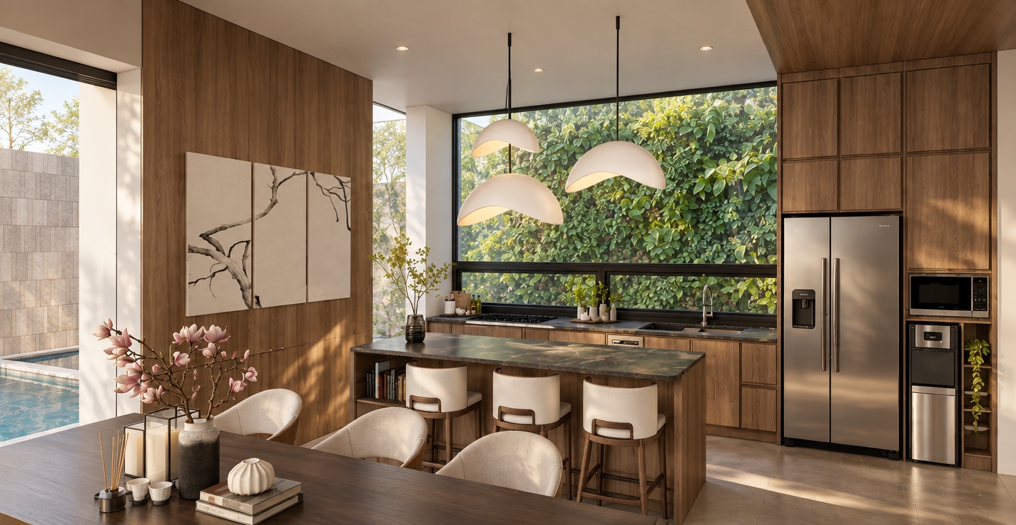 A bright yet warm, cozy architectural photograph of the modern contemporary kitchen, precisely preserving all structural geometry, layout, and the exact tone and grain of the wood paneling and cabinetry. Soft ambient daylight enters through the pool patio and the vibrant green living-wall window, beautifully balanced by a warm, inviting glow and soft flare emanating from the sculptural white pendant lights. Photorealistic material textures capture the tactile matte wood grain, honed dark stone countertop, brushed stainless steel refrigerator, and delicate floral petals on the dining table. Captured with an architectural tilt-shift lens, displaying balanced warm exposure, soft natural contact shadows, and realistic optical depth.