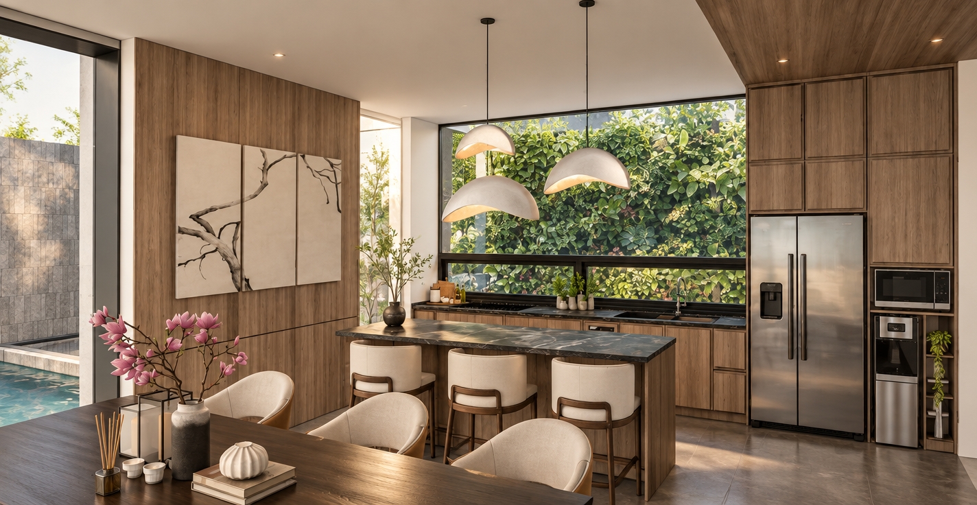 A bright yet cozy architectural photograph of the contemporary kitchen, maintaining the exact composition, perspective, and structural geometry. The cabinetry displays the natural vertical grain of Taco Summer Land Oak laminate, paired with dark Quadra Ferro Marmo countertops featuring subtle stony micro-textures and soft specular highlights. Warm light emanates with a soft glow and gentle bloom from the sculptural pendant lamps, harmonizing with bright natural daylight streaming through the window against the lush vertical garden. Brushed stainless steel appliances show realistic reflections, while the leather barstools, art-hung wood wall, and foreground tabletop exhibit authentic tactile depth, captured with a clean depth of field and warm, balanced ambient illumination.