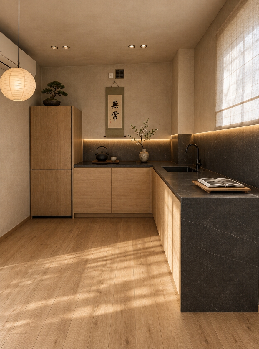 An incredibly lifelike, richly detailed, photorealistic wide-angle interior shot of a serene, elevated Japanese Zen kitchen set in a tranquil modern minimalist home. The scene is illuminated by soft, diffused daylight streaming through sheer linen blinds complemented by warm, concealed under-cabinet LED strips and a delicate washi-paper pendant lantern, creating a calm, balanced, and deeply tranquil atmosphere. Captured with a 24mm tilt-shift architectural lens, emphasizing the organic textures of warm natural hinoki wood, honed matte black stone, and subtly imperfect wabi-sabi plaster walls. The space transforms the once-cluttered footprint into a harmonious composition dominated by soothing shades of warm neutrals, deep blacks, and soft moss greens, where the clumsy L-shaped counters are replaced by seamless, low-profile oak cabinetry featuring handleless flush doors and seamless black soapstone countertops. The clutter-free surfaces display only a few thoughtfully chosen objects: an open fine-art photography book resting on a low wooden corner plinth, a traditional cast-iron tetsubin teapot, and a delicate handmade ceramic vase holding a single flowering branch. Above the counter, an elegant vertical scroll of Japanese calligraphy wall art introduces an artistic focal point against the neutral limewash wall, perfectly balanced by a sculpted indoor bonsai plant set near the integrated, panel-ready refrigerator. Natural, uncluttered lines, impeccably aligned light-wood flooring, and purposeful spatial balance evoke a timeless sense of simplicity and peace, turning everyday culinary preparation into a meditative, grounded ritual.