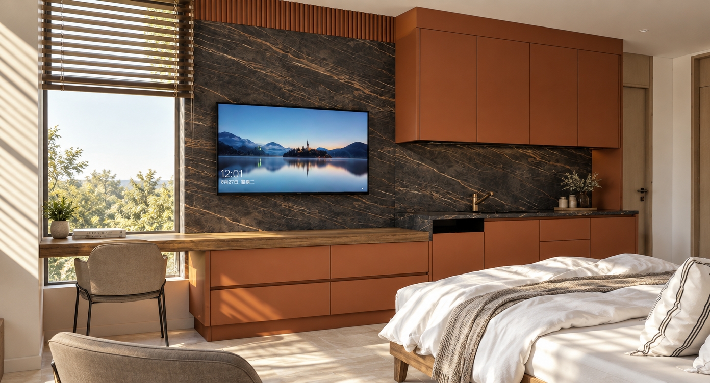 A photorealistic interior photograph captured at midday in high summer, maintaining the exact layout, geometry, and composition of the room. Harsh, bright midday sunlight streams through the window blinds, casting crisp light and soft diffuse bounce onto the warm terracotta cabinetry, textured wood desk, and polished dark marble feature wall. The mounted television screen emits a subtle cool glow displaying the landscape wallpaper. The bed in the foreground shows natural soft folds and fine fabric texture on the white linens, while the tiled floor catches clean ambient daylight reflections. Photographed with a wide-angle architectural lens, sharp focus throughout, natural high-contrast summer lighting, subtle shadow depth, and faint photographic grain.