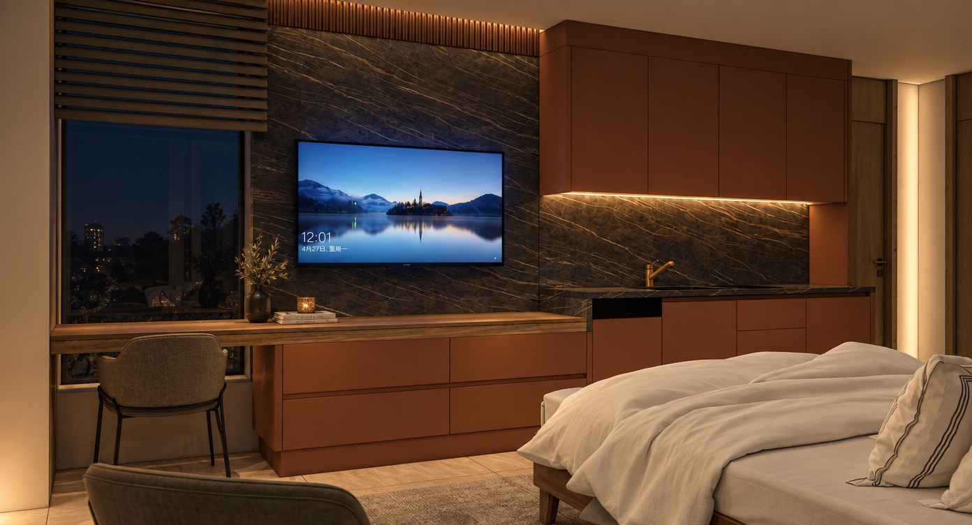 A photorealistic night photograph of the exact bedroom suite during a cool spring evening, lit by subtle warm interior ambiance and the soft blue luminescence of the mounted television. Crisp dark night tones filter past the window blinds, contrasting with soft illumination grazing the polished dark marble slab and matte terracotta cabinetry. Natural fabric textures show realistic micro-folds on the white foreground bedding, while the matte surfaces, wood accents, and brass fixture reflect gentle ambient light with balanced contrast, subtle film grain, and realistic depth of field.