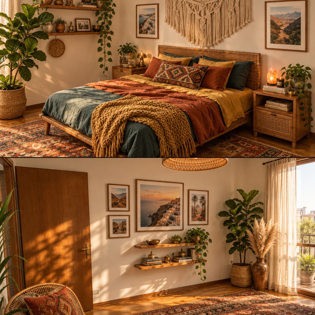 An incredibly lifelike, richly detailed, photorealistic wide-angle shot of a reimagined bedroom transformed into a warm bohemian oasis set in a sunlit urban sanctuary. The scene is illuminated by gentle, golden afternoon sunlight filtering through sheer linen drapes and accented by the warm, amber glow of woven rattan pendant lights, creating an inviting, free-spirited, and deeply cozy atmosphere. Captured with a 35mm lens at f/2.8, emphasizing tactile textures, intricate weaves, and earthy organic details. 

The original minimalist bed is reimagined as an artisanal low-profile rattan and solid teak platform bed, generously layered with breathable washed linens in deep teal, mustard yellow, and warm rust, topped with fringed kilim accent pillows and a chunky hand-knit throw. The once-bare walls now feature a grand woven macramé wall hanging and framed global landscape prints, alongside floating natural timber shelves holding vintage-collected brass trinkets, trailing pothos, and artisanal ceramics. Over the refinished honey-toned wood floor, an eclectic arrangement of layered Moroccan and flat-weave geometric rugs anchors the room in plush comfort. Beside the bed, cane-front nightstands proudly display curated photography art books, a natural Himalayan salt lamp, and a scented soy candle, while the adjacent corner flourishes with tall potted fiddle-leaf figs and dramatic vases of fluffy pampas grass, seamlessly connecting the vibrant, plant-filled interior to the bright, airy balcony outside.
