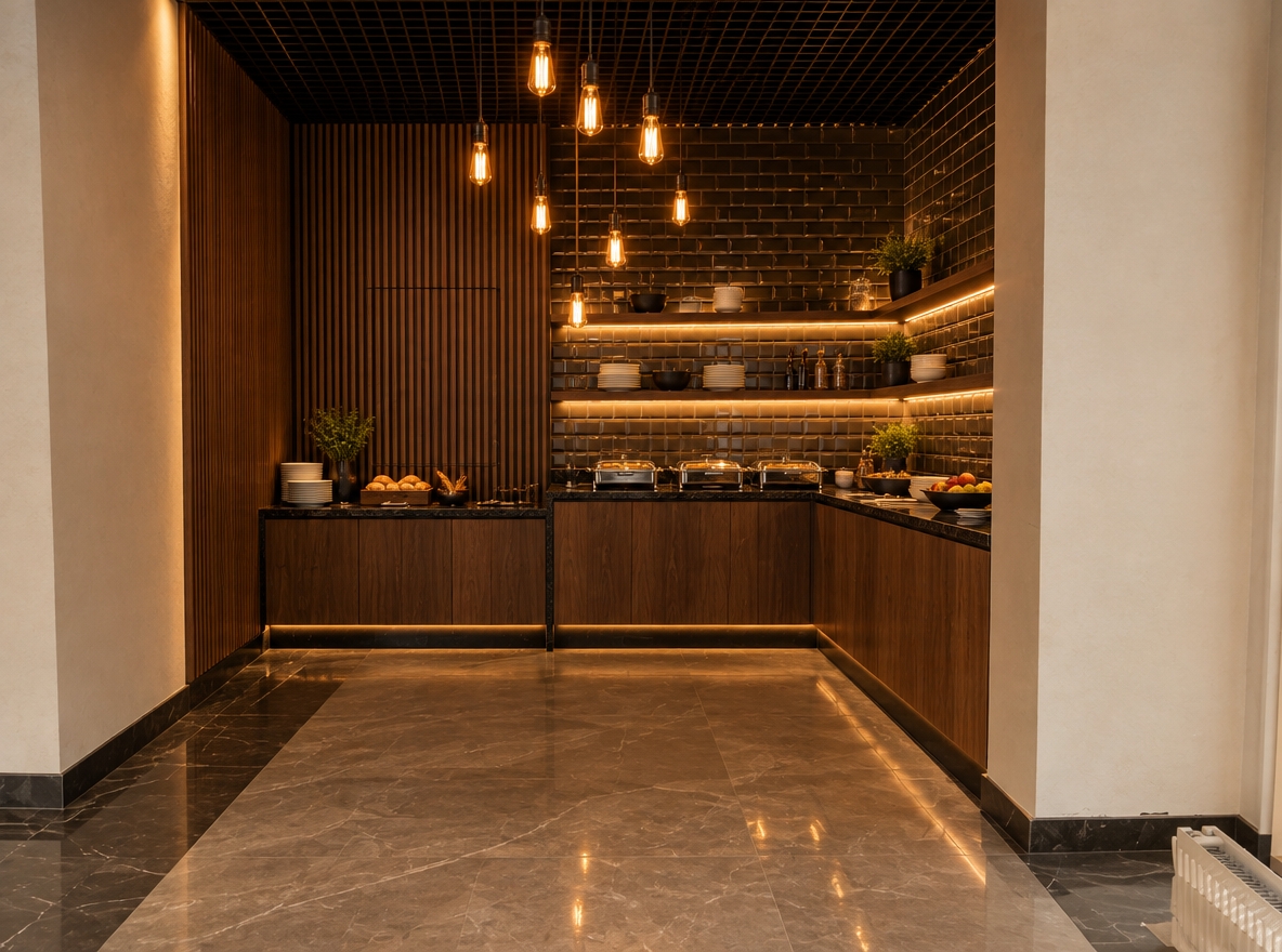 An incredibly lifelike, richly detailed, photorealistic wide-angle interior shot of an upscale restaurant buffet zone set in a modern fusion dining space. The scene is illuminated by the golden, moody radiance of suspended exposed-filament Edison bulbs paired with soft under-cabinet LED strip lighting, creating a warm, sophisticated, and intimate atmosphere. Captured with a professional 35mm architectural lens, emphasizing deep textures, polished surfaces, and rich wood tones.
Overhead, an open-cell black Grigliato grid ceiling neatly frames the industrial architecture while maintaining an airy, refined feel. Below, the buffet station is built seamlessly into the architectural recess, anchored by custom floor cabinets raised on a clean 10 cm recessed black plinth. To gracefully disguise the utility hatch, the recessed wall is enveloped in fluted vertical bamboo slats finished in a deep, luxurious walnut stain, with the serving counter calibrated neatly beneath the access door height. Topped with heavy, 60 cm deep polished dark granite surfaces featuring organic stone veining, the counters provide a dramatic culinary stage, complemented by an accent backsplash of glossy, beveled subway tiles that sparkle under concealed warm shelf lighting. A cluster of staggered amber-glowing Edison pendants drops from the dark ceiling, harmonizing industrial chic with tailored hospitality warmth.