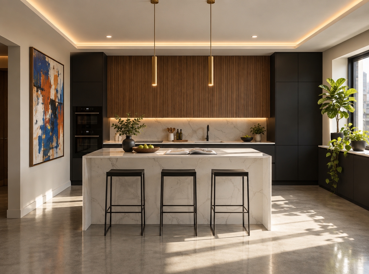 An incredibly lifelike, richly detailed, photorealistic wide-angle shot of a sleek modern fusion kitchen set in a dynamic urban loft. The scene is illuminated by bright summer midday sunlight pouring through the large window, complemented by warm recessed LED perimeter lighting and minimalist brass pendant fixtures, creating an inviting, sophisticated, and energized atmosphere. Captured with a full-frame camera and a 24mm tilt-shift architectural lens, emphasizing ultra-smooth matte textures, polished stone veining, and warm wood grain.
Replacing the unfinished concrete shell is an open-concept, industrial-inspired culinary haven featuring handleless modular cabinetry in dramatic matte black juxtaposed against warm vertical walnut slats along the back wall. In the center, a sculptural waterfall kitchen island in crisp white quartz with subtle charcoal veining commands the space, accompanied by slim, geometric black metal barstools. Polished concrete flooring flows seamlessly beneath, reflecting soft daylight, while the window ledge is transformed into a streamlined, integrated counter lined with lush trailing pothos and a potted architectural fiddle-leaf fig. A bold, vibrant oversized abstract canvas anchors the side wall with energetic strokes of cobalt and terracotta, balanced by an open art photography book casually displayed on the pristine countertop beside minimalist ceramic kitchenware.