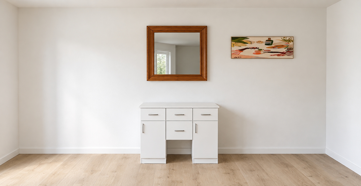 A straight-on, eye-level photograph capturing the exact minimalist room layout under soft, diffused natural daylight. The white multi-drawer cabinet is finished in smooth, satin-matte white laminate with subtle panel seams and clean metallic handles, casting realistic soft contact shadows onto the light-toned wood plank floor. Mounted directly above, the square mirror features a rich natural timber frame with subtle grain texture and realistic indoor reflections on its clean glass surface. The small framed artwork to the right displays authentic print texture and gentle surface sheen. The plain white walls exhibit subtle gradations of ambient light and realistic corner shading, photographed with a sharp 35mm architectural lens, neutral white balance, and fine sensor detail.
