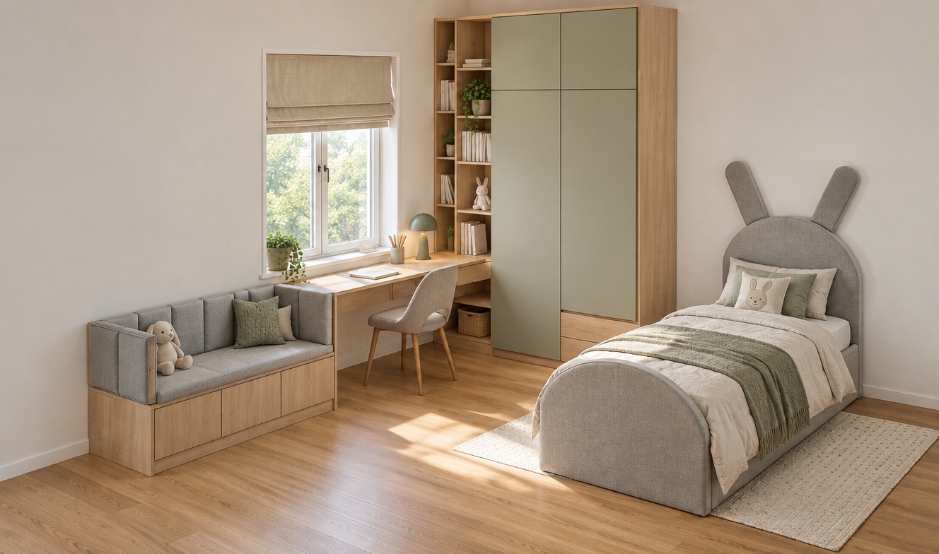 Photorealistic architectural photograph of the exact room cutaway and perspective, illuminated by soft daytime light streaming through the window. The light oak cabinetry, sage green wardrobe fronts, and grey cushioned bench retain their precise shapes with lifelike matte textures and fine wood grain. A tailored fabric Roman shade is installed over the window, a simple desk chair is placed at the built-in desk, and the bunny-eared bed is made with neatly tucked, softly wrinkled natural linen bedding. Crisp natural daylight produces gentle contact shadows across the warm wooden floorboards, captured with an architectural lens, sharp f/8 depth of field, and subtle, realistic material micro-textures.