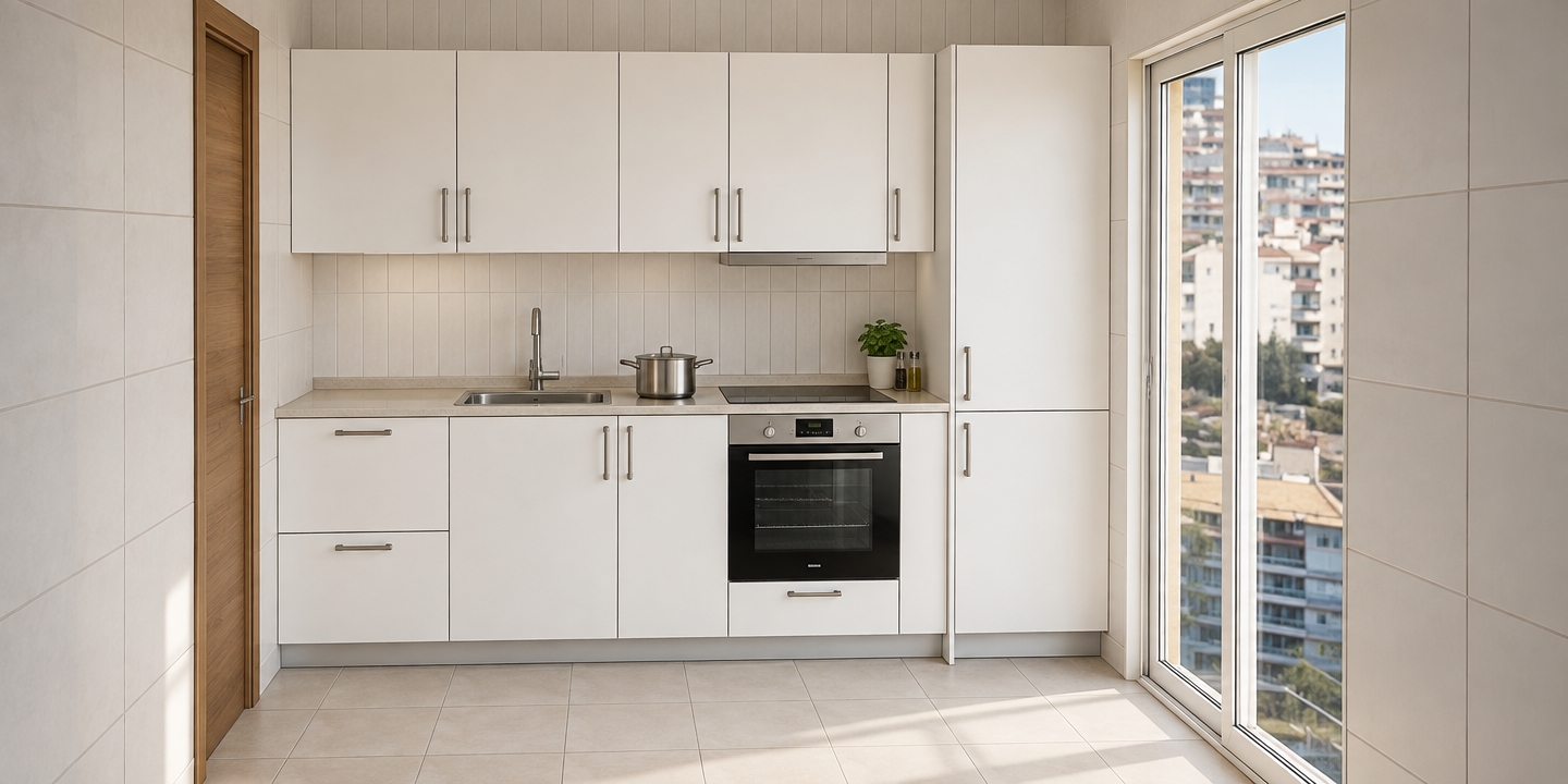 A sharp architectural photograph of this exact kitchen interior, naturally illuminated by soft daylight streaming in from the sliding balcony door on the right. The white cabinetry has a smooth satin finish with brushed chrome handles, complementing the light countertop, stainless steel sink, black glass stovetop, and realistic metallic cookware. Authentic textures define the scene, from the delicate grout lines of the beige floor and white wall tiles to the natural wood grain of the left interior door, all rendered with neutral color temperature, gentle falloff shadows, and crisp photographic clarity without altering any composition or geometry.
