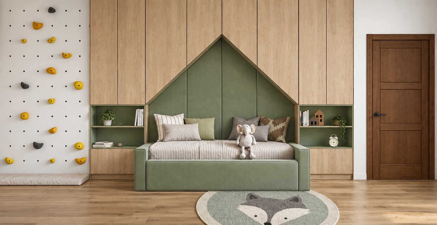 A straight-on architectural photograph of a modern children's room, captured with a 50mm lens under soft, diffused natural daylight. The central built-in light oak cabinetry features a house-shaped niche with a plush sage green upholstered daybed, arranged with textured throw pillows, a striped mattress cover, and a stuffed elephant. Flanking recessed open shelves contain small decorative items and books, casting soft contact shadows. On the left, a matte white indoor climbing wall displays textured yellow and slate-gray climbing holds, while a rich warm wood door stands to the right over natural oak plank flooring and a low-pile fox rug. The lighting produces gentle ambient occlusion in the recesses and brings out the authentic grain of the wood, weave of the upholstery, and realistic surface micro-textures.