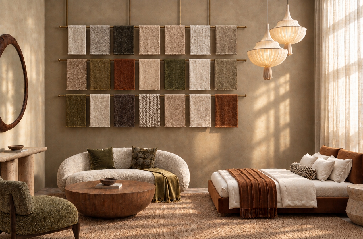 An incredibly lifelike, richly detailed, photorealistic wide-angle interior shot of an organic-modern boutique suite set in a serene design atelier. The scene is illuminated by warm, diffused afternoon sunlight streaming through floor-to-ceiling sheer linen drapery paired with the soft, ambient glow of pleated silk pendant fixtures, creating an earthy, grounding, and tranquil atmosphere. Captured with a medium-format camera and a 35mm architectural tilt-shift lens, emphasizing tactile limewash walls, nubby bouclé upholstery, woven natural-fiber carpeting, and hand-loomed textiles.
The reimagined space elevates high-end residential comfort into an artisanal gallery experience, anchored by an expansive three-tiered patinated brass display showcasing bespoke fabric swatches in tonal ochre, deep moss, and warm oat. A curvilinear cream settee curves gently around a sculpted solid-timber drum coffee table, flanked by an olive jacquard armchair and an organically carved wooden wall mirror. In the bedroom zone, a low-slung platform bed upholstered in rich rust velvet is dressed in layered crisp linen and ribbed textiles, balancing minimalist proportions with deeply layered textures to achieve a harmonious, tactile sanctuary.