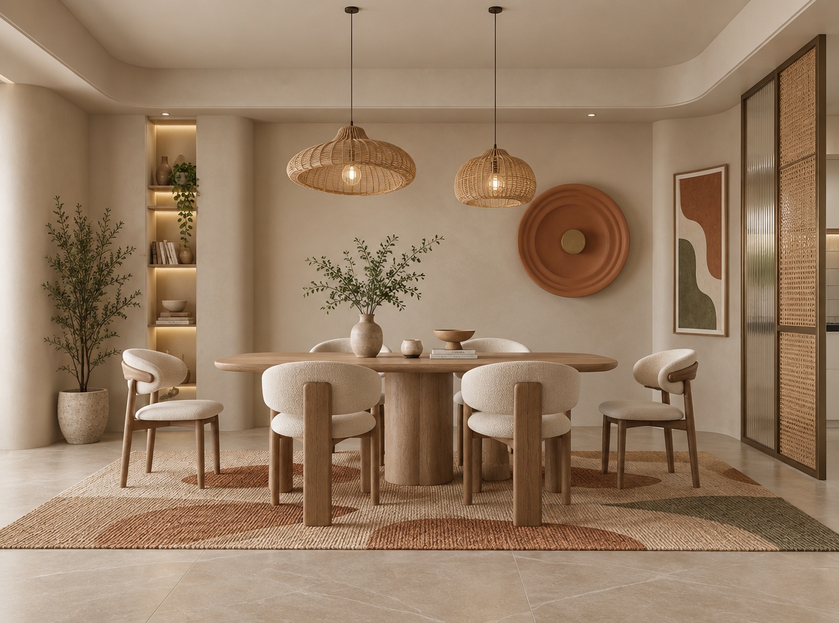 remove the balcone,add male the walls curved male the dining table more bohemian change the design of 2 the chairs make the circle on the wall colored make the pendant more bohemian make the floor porcelain make the wall colors a litthe darker and the carpet more colorful the wall at the right make it a colorful glass and ratan partition add matching wall painting remove the statue add green plant at the corner