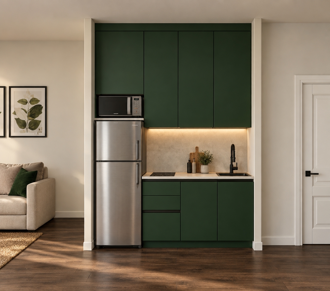 An architectural photograph of the identical kitchen nook, preserving the exact geometry, perspective, and composition. The cabinetry is finished in realistic ultra-matte deep forest green, complemented by a brushed stainless steel refrigerator, textured dark wood plank flooring, and a sleek matte black faucet. Warm, soft LED under-cabinet strip lighting illuminates the countertop surface, while diffused cinematic ambient lighting casts natural contact shadows and adds realistic spatial depth. Captured straight-on with a sharp 50mm interior lens, rendering authentic surface micro-textures, realistic reflections, and professional interior editorial quality.