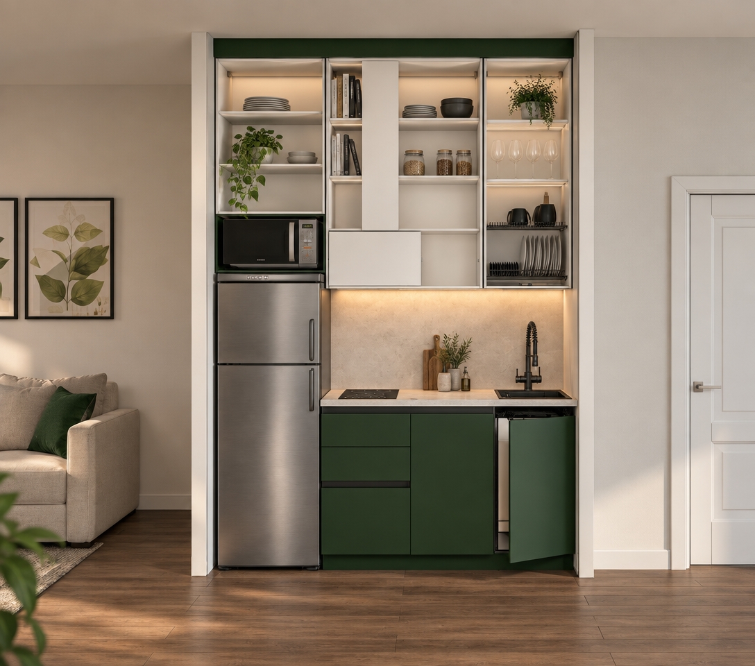 A straight-on eye-level photograph of the modern compact kitchen nook, preserving the exact geometry, perspective, and framing of the original image. The cabinetry features realistic matte forest green finishes below and clean white interiors with white back panels in the open upper shelving, accented by subtle brushed metal fixtures. The green cabinet door directly to the left of the sink is slightly cracked open, subtly revealing the stainless steel edge of an integrated dishwasher inside. On the countertop sits a realistic matte black sink with a flexible faucet and a smooth glass-ceramic cooktop beside the brushed stainless steel refrigerator. Warm, diffused under-cabinet LED strip lighting casts a soft glow across the light stone countertop and backsplash, balanced by cinematic ambient room light that introduces realistic depth, soft drop shadows, authentic surface reflections, and fine photographic grain.