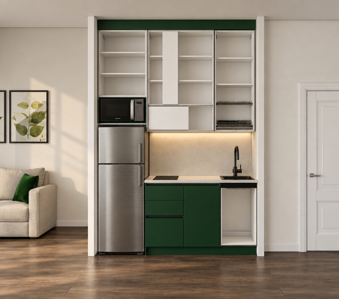 A photorealistic architectural interior photograph captured from the exact frontal, eye-level perspective and straight-on framing of the schematic drawing, perfectly preserving every structural dimension, cabinet layout, and appliance position without modification. The compact kitchen features deep forest-green lower cabinets finished in a refined matte lacquer with subtle edge highlights, paired with open upper cabinetry that has crisp matte white frames and solid white back panels, leaving the shelves entirely empty of decor with no internal lighting inside the upper compartments. A soft, warm linear under-cabinet LED light is integrated beneath the upper cupboards, casting a gentle, functional glow downward across the clean countertop, ceramic cooktop, and undermount sink with its matte black faucet. The refrigerator is rendered in authentic brushed stainless steel with realistic grain and soft environmental reflections, while the surrounding elements—the neutral fabric sofa with its emerald green cushion to the left, the botanical framed prints, the painted white door on the right, and the dark stained wood plank flooring—display natural tactile textures, subtle ambient occlusion, and cinematic room illumination that creates rich, believable depth and realistic shadows throughout the space.