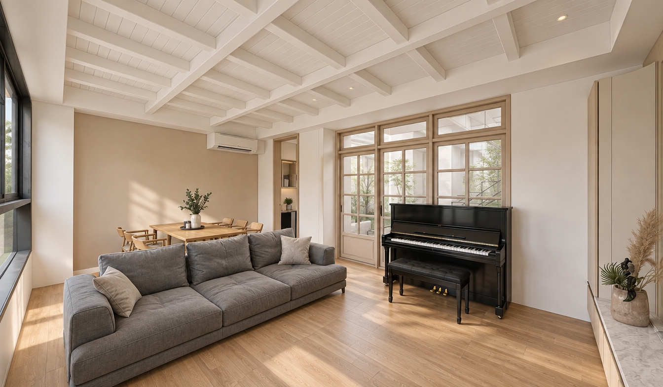 A realistic interior photograph capturing the exact room layout under soft, natural daylight filtering through the French doors. The scene features authentic light oak wood flooring with delicate grain, matte painted white coffered ceiling beams, and a soft beige accent wall behind the light wood dining set. The plush gray fabric sofa shows realistic weave texture, subtle creasing, and natural weight, while the upright black piano displays a satin lacquer finish with faint reflections on its polished surface. The warm, inviting artistic atmosphere is enhanced by gentle shadow gradients, balanced neutral color temperature, clean highlights, and subtle filmic grain typical of a wide-angle architectural lens.