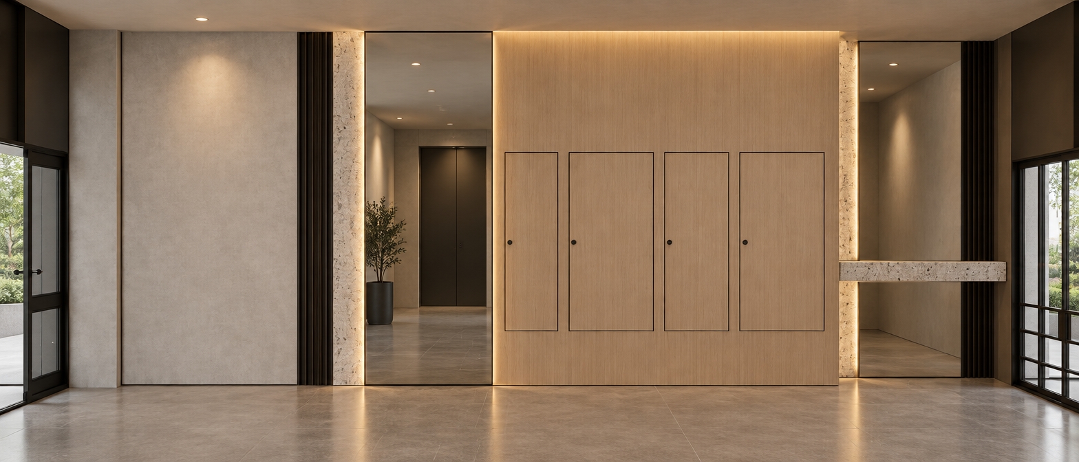 Architectural photograph of a modern residential lobby matching the exact straight-on composition and geometry. The horizontal mailbox unit is set on light oak paneling with warm, soft hidden cove lighting casting a gentle glow along its edges, while the adjacent tall grey surface is a clean, reflective mirror showing accurate room reflections and depth. The surrounding walls feature a smooth, matte light-grey plaster texture, balanced by the natural wood grain of the double doors, a pristine matte white interior door, and sleek dark metal elevator doors. Shot with a straight-on perspective on a 35mm architectural lens, featuring balanced warm interior lighting, subtle contact shadows, crisp micro-textures, and faint natural film grain.