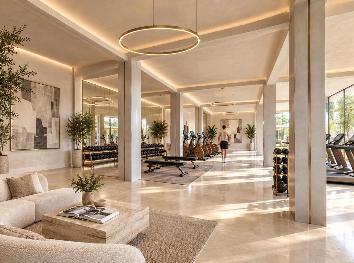 An incredibly lifelike, richly detailed, photorealistic wide-angle architectural photograph of a luxury boutique fitness gym set in an airy, high-end wellness sanctuary. The scene is illuminated by brilliant summer midday sunlight flooding through expansive floor-to-ceiling glass facades, seamlessly balanced by soft, indirect LED cove lighting and minimalist sculptural hoop pendants, creating an uplifting, serene, and sophisticated atmosphere. Captured with a professional medium-format camera and a 24mm tilt-shift architectural lens, emphasizing the honed textures of seamless pearl limestone flooring, fine-grained warm white microcement walls, brushed champagne metal accents, and the pristine reflections in full-height acoustic mirrors. The once-raw concrete pillars have been masterfully transformed into clean-lined architectural columns finished in soft gray polished plaster with inset slim metal details, establishing an elegant, rhythmic order throughout the space. Bespoke workout stations feature custom walnut-and-leather cardio machines and minimalist matte-black free weights arranged on understated champagne-brass racks, while an integrated lounge area offers tailored upholstered seating in textured pearl bouclé around a low-slung travertine cocktail table displaying an open luxury photography book. An oversized, framed abstract canvas in nuanced monochrome neutrals adorns the expansive feature wall, flanked by tall indoor architectural plants that connect the refined, climate-controlled interior with glimpses of sun-drenched manicured garden greenery outdoors.