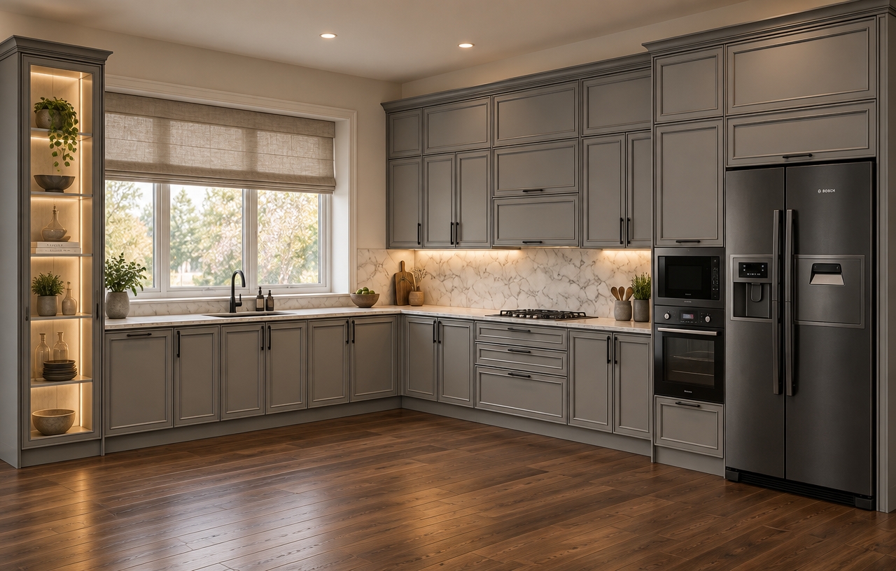 A photorealistic interior photograph captures the exact kitchen layout, illuminated by warm ambient ceiling light, soft integrated LED lighting glowing from inside the tall glass display cabinet, and focused warm under-cabinet strip lighting over the marble countertop. A neutral fabric Roman blind is neatly fitted above the wide window, diffusing soft natural daylight into the space. The scene features authentic material textures, including matte grey cabinetry, realistic dark oak plank flooring with subtle reflections, a polished marble backsplash, and sleek black stainless steel appliances, rendered with natural lens depth of field, gentle shadows, and film-like clarity.