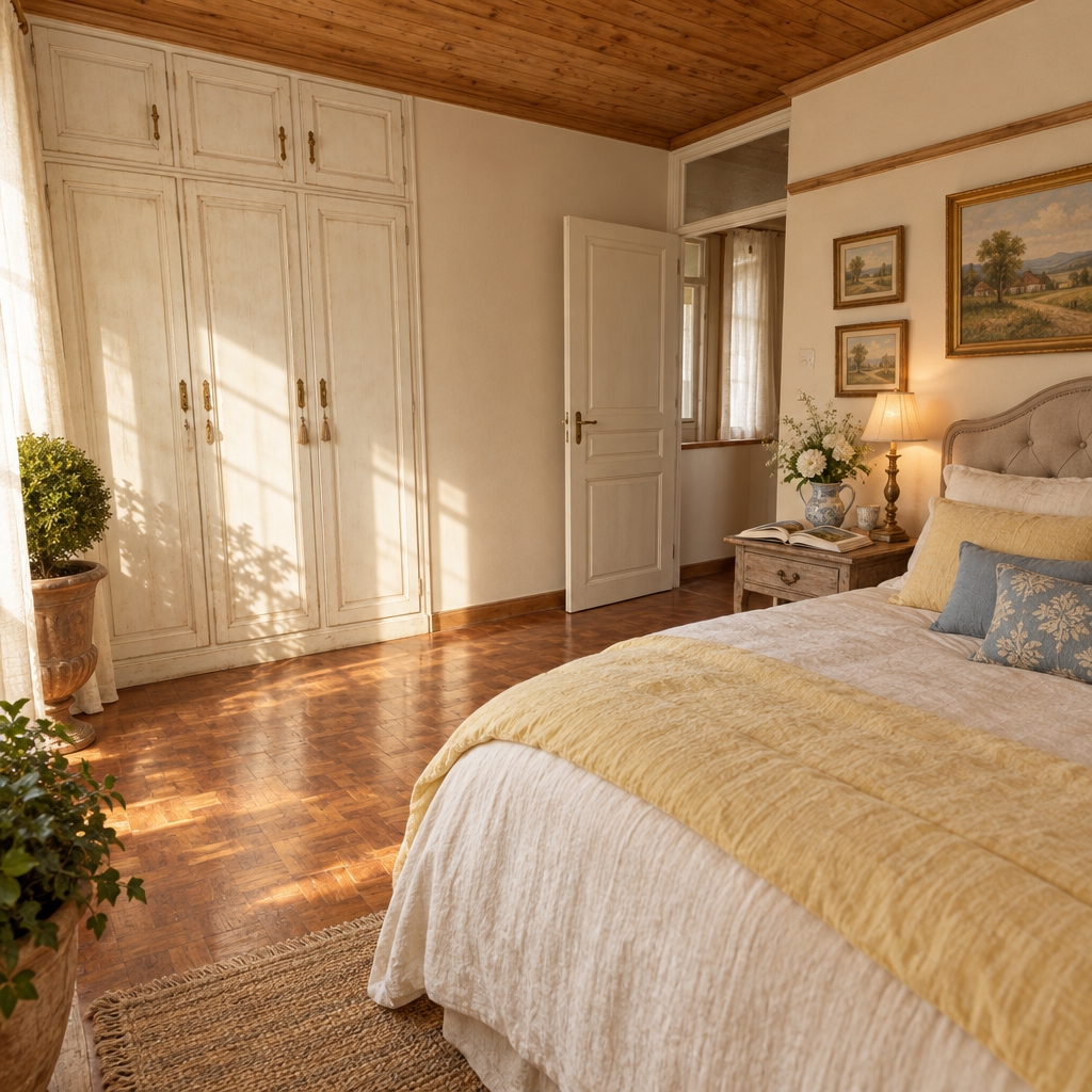 An incredibly lifelike, richly detailed, photorealistic wide-angle interior shot of a reimagined French country bedroom set in a charming countryside cottage. The scene is illuminated by gentle morning sunlight diffusing through gauzy linen curtains paired with the warm, golden glow of an antique bedside lamp, creating a cozy, romantic, and deeply inviting atmosphere. Captured with a 35mm f/2.8 lens, emphasizing the natural wood grain of the restored parquet flooring, the distressed patina of vintage painted finishes, and tactile linen textiles. 

The dated built-in closet is transformed with provincial molding, antiqued brass hardware, and a weathered chalky-white finish, harmonizing with the warm neutral walls and the original rustic wood-paneled ceiling. Anchoring the space is an elegant bed featuring a tufted, upholstered linen headboard draped in cream and soft yellow layers, complemented by subtle muted blue accent pillows. A distressed wooden nightstand lovingly displays an open photography book, a vintage porcelain water pitcher with fresh blooms, and delicate French-inspired accents, while framed pastoral landscape art lines the walls. Potted indoor topiary plants and lush greenery in terracotta urns bring a breath of nature inside, perfectly completing this provincial, cottage-inspired retreat.