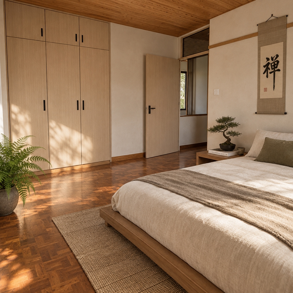 An incredibly lifelike, richly detailed, photorealistic wide-angle interior shot of a serene Japanese Zen bedroom set in a tranquil, contemporary home. The scene is illuminated by soft, diffused natural morning light filtering gently into the room, creating a deeply calming, meditative atmosphere. Captured with a professional full-frame camera and a 24mm tilt-shift lens, emphasizing the tactile textures of refinished parquet flooring, textured neutral plaster, and organic cedar tones. 

The space has been reimagined with low-profile, clean-lined wooden furniture, featuring a low platform bed dressed in pure natural linen beneath an elegant Japanese calligraphy hanging scroll that brings bold black accents to the muted neutral walls. The dated wardrobes are updated into minimalist, flush-panel cabinetry with discreet black recessed hardware, keeping the room completely clutter-free and balanced. Beside the bed, a low, solid-wood side table holds a solitary ceramic cup and a curated fine art photography book. Flourishing indoor plants—including a sculptural bonsai and a vibrant potted fern—infuse organic shades of green, while the restored parquet floor gleams with a soft satin finish, perfectly harmonizing traditional wabi-sabi simplicity with uncluttered, modern serenity.