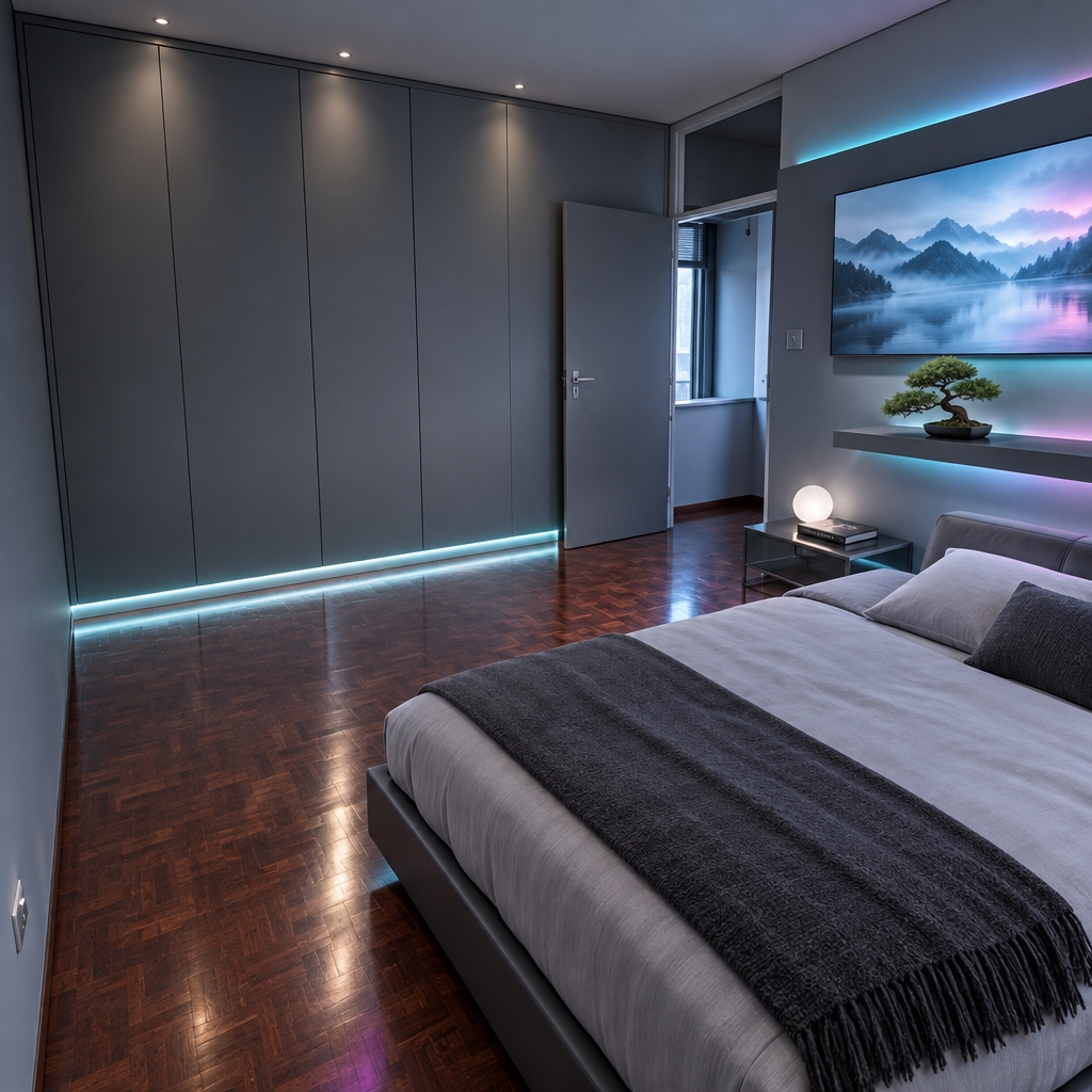 An incredibly lifelike, richly detailed, photorealistic wide-angle interior shot of a transformed digital zen bedroom set in a sleek high-tech urban sanctuary. The scene is illuminated by cool ambient daylight harmonized with soft cyan and muted magenta neon under-glow, creating a tranquil yet distinctly futuristic atmosphere. Captured with a full-frame mirrorless camera on a 24mm architectural lens, emphasizing matte grays, sleek metallic reflections, and crisp, streamlined geometries. 

The dated space is completely revitalized with a palette of cool grays, optic whites, and subtle glowing accents. The vintage parquet floor is restored to a deep satin finish, grounding the minimalist aesthetic beneath a low-profile platform bed dressed in crisp, tailored linens. The bulky wardrobes are replaced by floor-to-ceiling, flush smart-closet doors in matte graphite with hidden recessed lighting along the baseboards. On the accent wall, a wide horizontal digital canvas showcases a slowly animated, misty digital landscape that casts a gentle glow across the room. Sleek brushed aluminum and tinted glass nightstands feature clutter-free surfaces, each adorned solely with a single curated photography book and a touch-activated ambient orb lamp. Completing the cyberpunk-meets-Zen fusion, an architectural indoor bonsai rests atop an ultra-minimalist floating shelf, perfectly bridging organic tranquility with high-tech innovation.