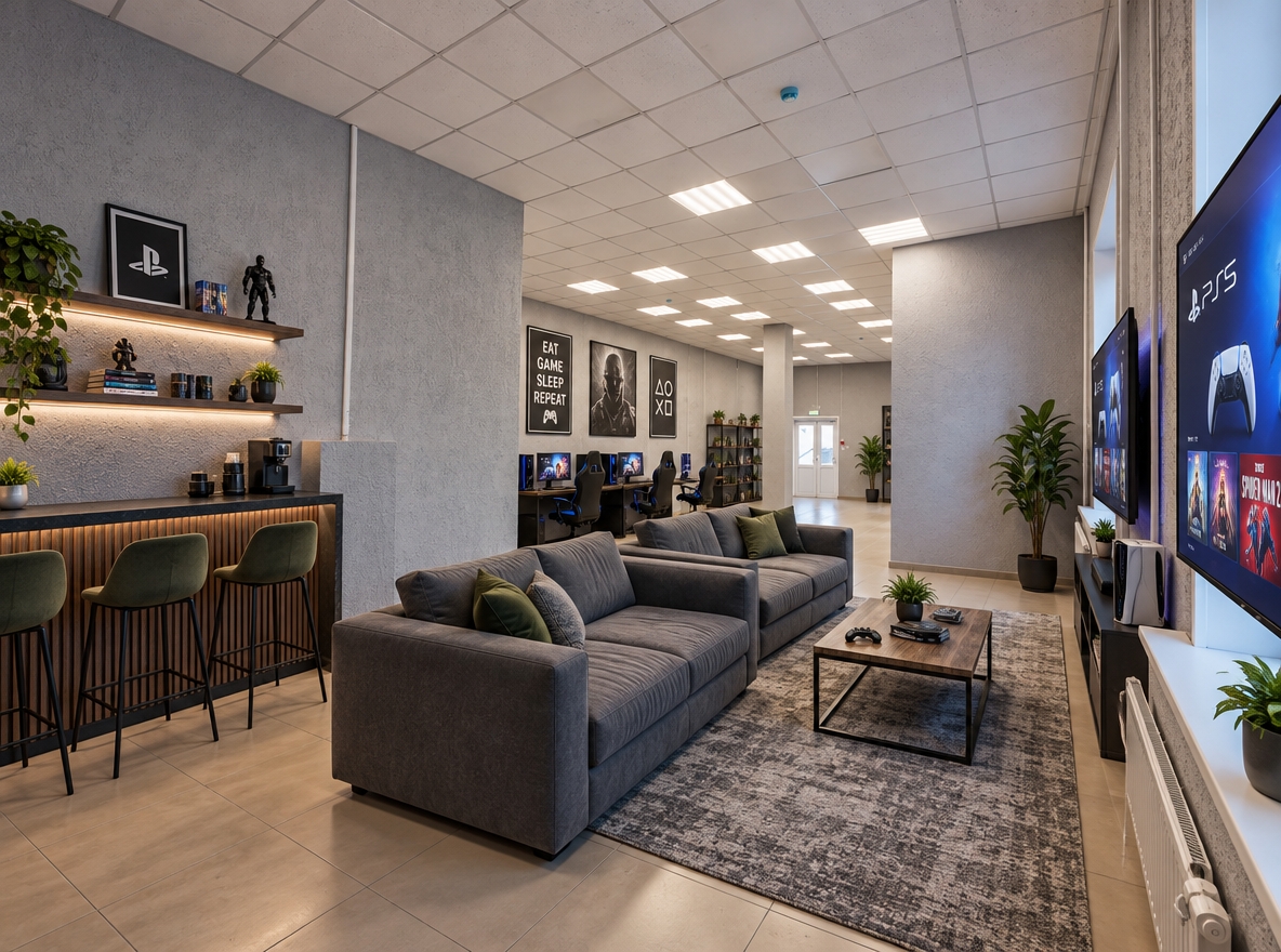 Wide-angle eye-level photograph of the modern gaming lounge interior, precisely preserving the room architecture, tiled floor, drop-ceiling grid, and textured grey walls from the reference view. The foreground is furnished with two large flat-screen displays mounted along the window wall, faced by two comfortable modern sofas with a central low coffee table, while a sleek bar counter is fitted along the perpendicular short dividing wall. Soft daylight from the right-hand window blends with the ambient ceiling panels and subtle screen glow, producing realistic soft shadows and gentle specular reflections across the floor tiles, captured with a sharp wide interior lens, authentic surface textures, and subtle natural vignetting.