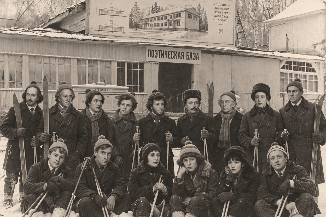 ЧЕРНО-белая фотография, на здании план поставить здание с первого фото, убрать людей, изменить надпись с "ЛЫЖНАЯ БАЗА" на "ПОЭТИЧЕСКАЯ БАЗА", на передний план перед зданием поместить людей со второго фото, одежду и головные уборы оставить, а лица заменить на лица великих поэтов Шекспира, Гёте, Байрон, Рембо, Пушкина, Лермонтова, Тютчева, Блока, Маяковского, Есенина, Пастернака, Ахматовой, Цветаевой, Ахмадулиной, Бродского, на всех одеть лыжные шапочки и ушанки, все изображения сгармонировать по цвету, сделать винтажное фото, сделать журнальное качество