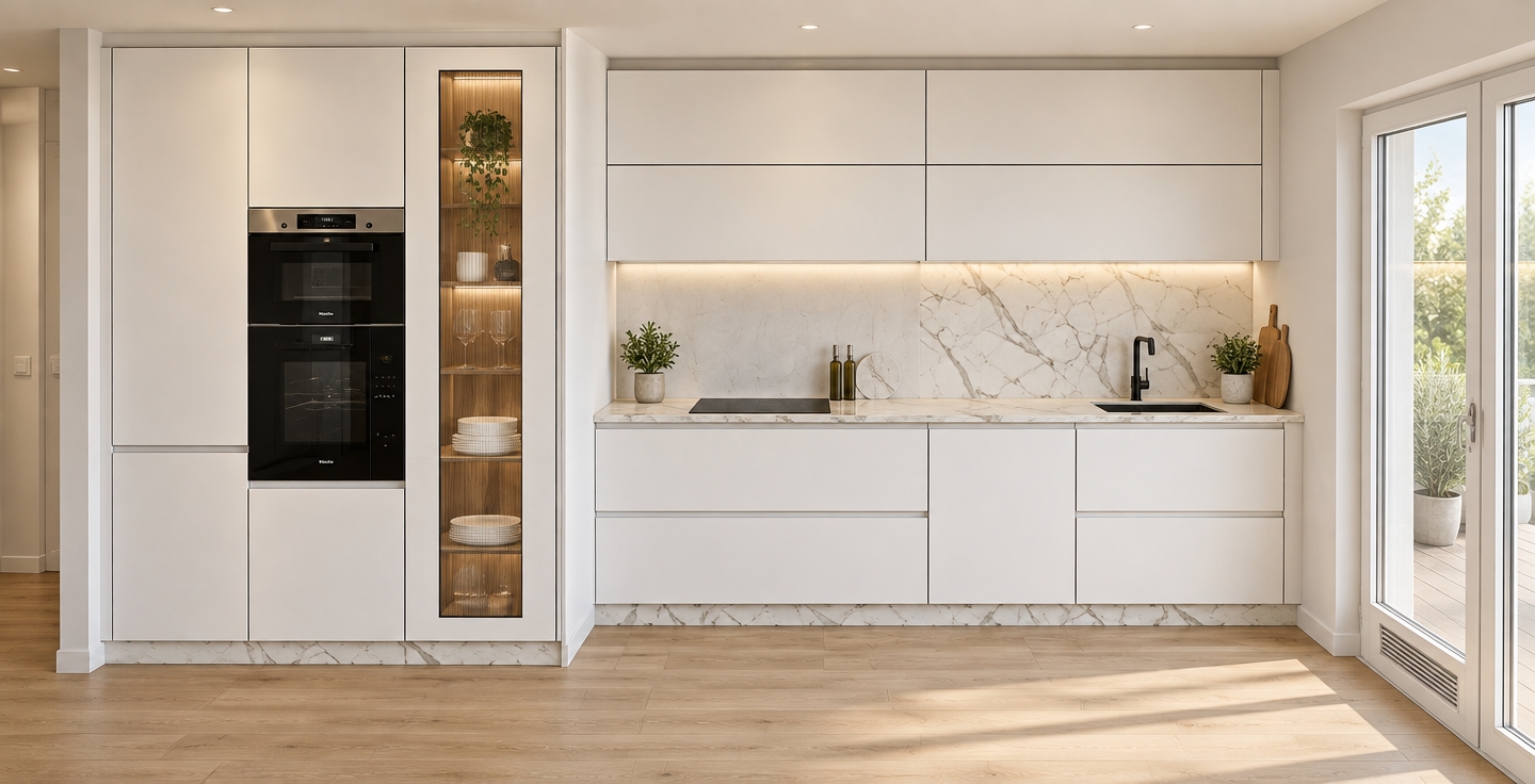 An eye-level architectural photograph of the modern kitchen, precisely preserving the layout, geometry, and materials from the source image. Diffuse natural exterior daylight streams through the glass doors on the right, blending seamlessly with warm interior ambient light and subtle under-cabinet illumination. The matte white handleless cabinetry features clean shadow gaps, while the polished white marble countertop and backsplash display realistic soft reflections and delicate grey veining. Light natural wood flooring exhibits fine grain micro-textures, complemented by authentic specular highlights on the glossy black double oven, induction cooktop, and matte black faucet, all rendered with balanced exposure and lifelike photographic clarity.