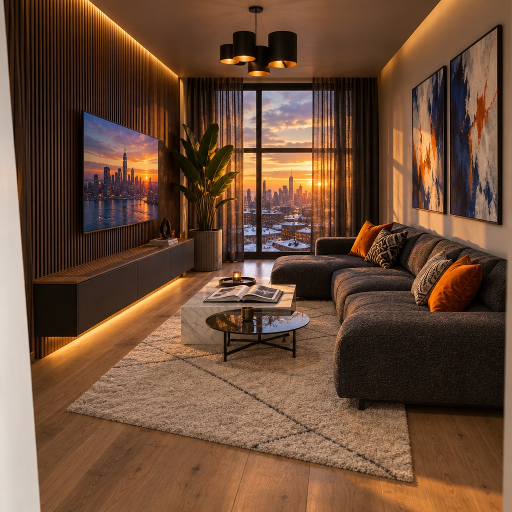 An incredibly lifelike, richly detailed, photorealistic wide-angle interior photograph of a sophisticated modern fusion living room set in an urban apartment during mid-winter. The scene is illuminated by the fiery, low-angled golden rays of a dramatic winter sunset filtering through sheer floor-to-ceiling curtains, balanced by concealed warm-temperature LED cove backlighting and a sculptural matte-black pendant lamp, creating a cozy yet intensely dynamic and refined atmosphere. Captured with a full-frame camera and a 24mm tilt-shift architectural lens at f/8, emphasizing crisp geometric lines, tactile bouclé upholstery, brushed blackened steel, and natural open-grain wood textures.

### Architectural Transformation & Palette
The reimagined space completely reinterprets the room’s narrow proportions into a sleek, open-concept urban retreat. The color scheme pivots to a deliberate balance of stark monochrome—deep charcoal, matte black, and crisp gallery white—warmed by rich smoked oak and ignited by vibrant accents of burnt amber and electric cobalt. 

The left feature wall is clad in vertically running, micro-grooved acoustic smoked walnut slats set against a matte black backing, giving the room height, acoustic depth, and rhythmic visual interest. Flush-mounted within this paneling is an ultra-thin OLED display, suspended above a floating, low-profile media console made from seamless blackened steel with a fluted solid-wood top. Subtle warm LED strip lighting glows along the console's recessed toe-kick, visually lifting the piece and expanding the room’s perceived floor area.

### Furniture & Spatial Layout
Opposite the media wall, the bulky sofa bed is replaced with a low-slung, modular sectional tailored in an architectural charcoal-grey wool-bouclé blend. Its clean geometric profile and deep seats sit lightly on discreet matte-black steel bracket legs. The sofa is styled with geometric throw pillows in vibrant saffron velvet and monochrome patterned woven wool, offering plush comfort without visual clutter.

At the center of the room, anchored over wide-plank white oak flooring, lies an asymmetrical, high-pile architectural wool rug in warm ivory with faint, intersecting charcoal linework. Resting on the rug is a pair of nesting coffee tables featuring contrasting materials: one sculpted from honed white Carrara marble with sharp bevelled edges, and the other a lower, circular disk of smoked glass supported by an industrial raw steel tripod frame.

### Details, Decor & Lush Greenery
On the marble coffee table, a substantial hardcover photography monograph lies open, showcasing high-contrast black-and-white street photography alongside a matte ceramic tray with a minimalist brass candle vessel. On the wall above the sofa, the previously bare drywall now hosts a curated diptych of oversized, framed abstract art featuring energetic swathes of deep indigo, textured white gesso, and strokes of fiery orange that mirror the horizon outside.

Tucked into the far corner beside the window, an oversized, sculptural *Strelitzia nicolai* (Giant Bird of Paradise) rises from a fluted raw-concrete planter, its broad, waxy leaves catching the last golden hour rim-light and infusing the industrial-inspired finishes with organic vitality.

### Atmosphere & Exterior Connection
At the far end of the room, the traditional double-hung window has been replaced with clean-lined industrial steel-frame glazing that stretches toward the ceiling. Sheer, charcoal-tinted linen drapes hang from a concealed ceiling track, gracefully framing a breathtaking winter dusk. Outside, the frosty silhouettes of snow-dusted city rooftops and distant high-rises glow beneath a sky transitioning from molten gold to dusky violet, creating a powerful, emotive dialogue between the warmth of the modern interior and the crisp chill of the winter evening.