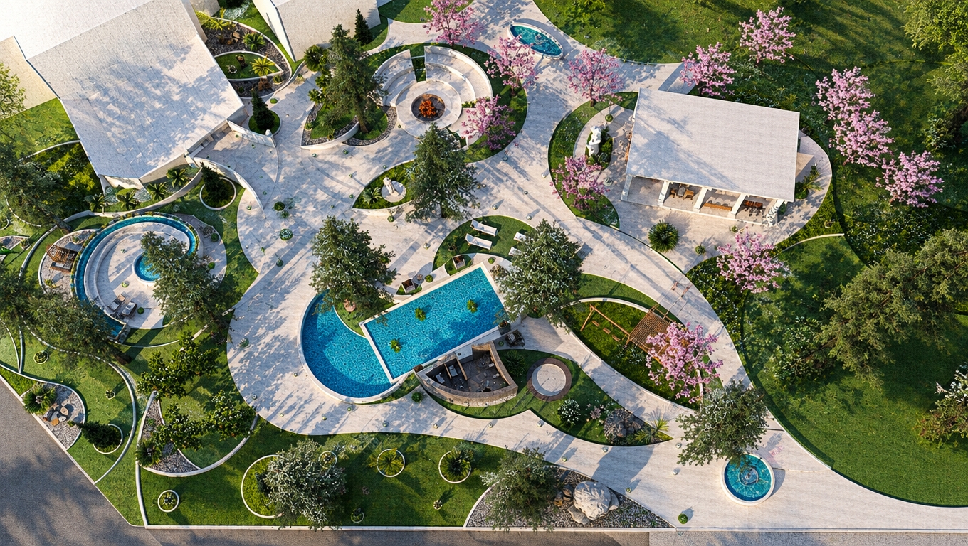 An incredibly lifelike, richly detailed, photorealistic bird's-eye view landscape photo of a master-planned outdoor garden set in a luxurious contemporary estate. The scene is illuminated by crisp, natural afternoon sunlight casting elegant, elongated shadows across the grounds, creating a serene and sophisticated atmosphere. Captured with a high-resolution aerial camera with a sharp wide-angle lens, emphasizing the intricate textures of fine-grain aggregate walkways, shimmering turquoise mosaic tiles in the curvilinear swimming pool, delicate pink cherry blossoms, lush velvet-like turf, and smooth cast-concrete seating areas that embody seamless contemporary elegance.