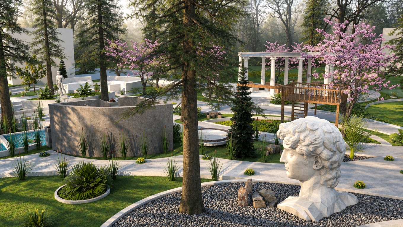 An incredibly lifelike, richly detailed, photorealistic wide-angle elevated landscape photo of a contemporary classical sculpture garden set in an elegant outdoor landscape bordered by misty woodlands. The scene is illuminated by soft, natural morning daylight filtering gently through the tree canopy, casting realistic dappled shadows and creating a tranquil, sophisticated atmosphere. Captured with a professional medium-format camera paired with a sharp wide-angle lens at f/8, emphasizing the crisp geometric facets of the large carved white marble bust resting upon fine river gravel, the tactile grain of curved architectural concrete walls, the delicate pink petals of blooming cherry blossoms, and the lush, dewy blades of manicured grass bordering the smooth winding walkways and tranquil reflecting water feature.