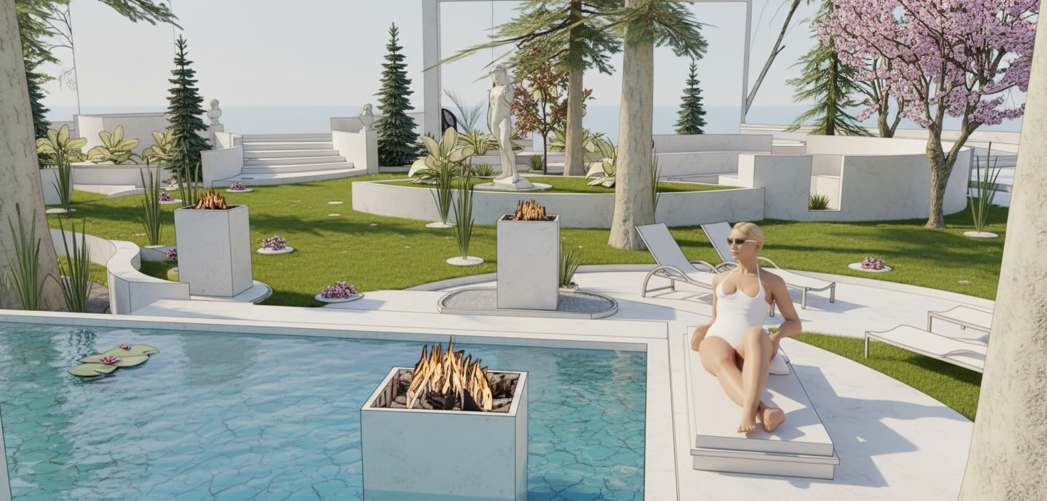 An incredibly lifelike, richly detailed, photorealistic wide-angle landscape shot of a luxurious modern sculpture garden and poolside terrace set in an expansive, manicured outdoor estate. The scene is illuminated by bright, clear afternoon sunlight filtering through tall pine canopies, casting soft, organic shadows and creating a peaceful, sophisticated, and resort-like atmosphere. Captured with a professional full-frame camera and a 24mm tilt-shift lens, emphasizing the smooth textures of carved white marble classical statues, the organic flicker of flames from sleek stone fire pedestals, shimmering azure water with floating water lilies, and the contemporary elegance of pristine white sun loungers nestled on lush green turf bordered by blooming cherry blossoms and evergreen trees.