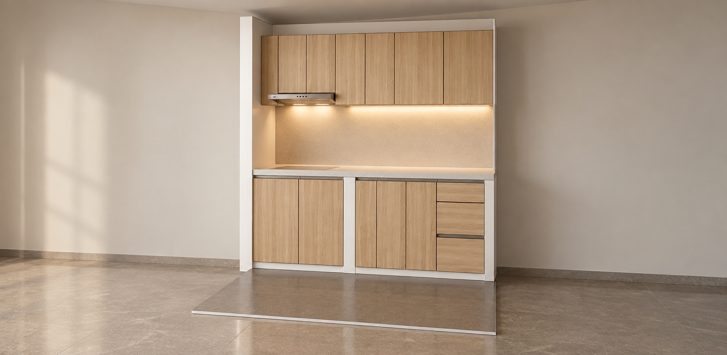 A photorealistic eye-level architectural photograph capturing the exact kitchen cabinet unit, featuring authentic light oak wood veneer with natural grain patterns, matte white side panels, and a sleek brushed stainless steel range hood. Soft, warm 3000K LED task lighting glows under the upper cabinets onto the polished neutral countertop, complemented by diffused natural room light casting gentle contact shadows along the base and floor. The scene is rendered with crisp focal depth, authentic material micro-textures, subtle surface reflections on the floor, and clean, natural dynamic range.
