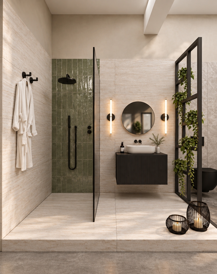 A high-end architectural photograph of the modern bathroom showroom display, maintaining the exact layout, geometry, fixtures, and composition. The scene is illuminated by soft, diffused overhead ambient daylight balanced with the warm, calibrated glow from the vertical tube sconces flanking the round mirror. Matte black plumbing fixtures, the fluted vanity, and the open grid partition feature realistic powder-coated metal sheens. Ceramic surfaces display subtle tactile micro-textures, from the matte finish of the large pale wall and floor tiles to the glazed finish of the olive-green shower tiles. Natural fabric draping defines the hanging white bathrobe, while the climbing foliage on the metal divider exhibits organic translucency and surface detail. Shot straight-on with a sharp 35mm tilt-shift lens, capturing clean specular highlights on the glass shower partition, delicate reflections in the mirror, deep contrast in the shadowed floor lanterns, and minimal photographic grain.