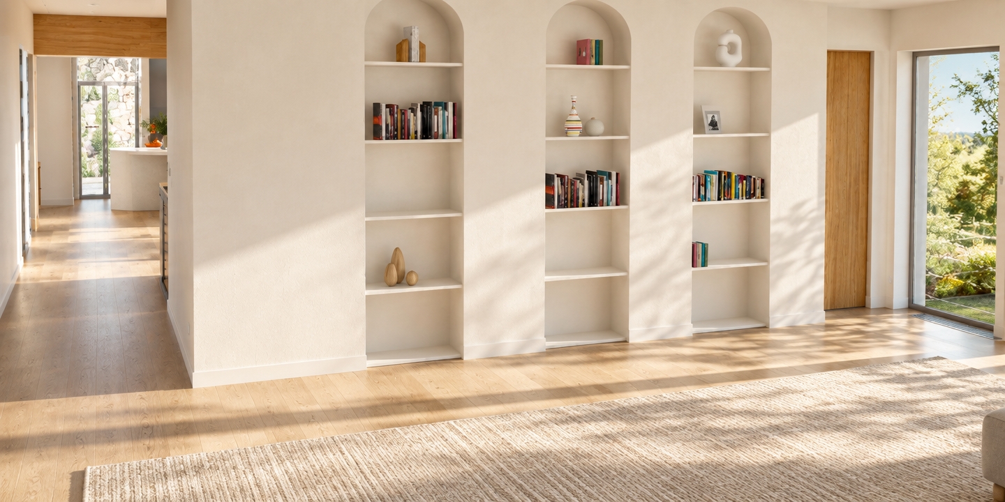 A clean architectural photograph capturing this exact interior bathed in bright midday summer sunlight, casting crisp, natural shadows across the off-white walls and built-in arched niches. The image features realistic matte plaster finishes, authentic paper textures on the book spines, subtle gloss on the ceramic vases, and fine wood grain on the door, completely replacing the digital grid with seamless light-toned flooring. Captured with an architectural lens at f/8, the space has a warm daylight color balance, soft ambient light bounce, gentle vignetting, and faint organic grain for a lifelike finish.